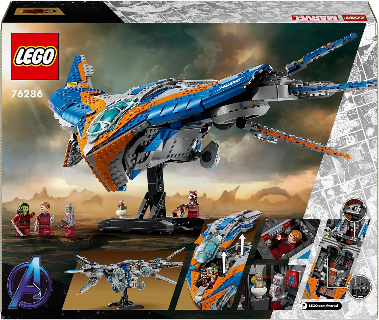 LEGO Marvel Guardians of the Galaxy: Das Milano Building Raumschiffmodell mit 4 Superhelden-Minifiguren Avengers Flyer für Weltraumabenteuer Geschenk für Jungen und Mädchen 76286 Bausets Beuche the LEGO-Store