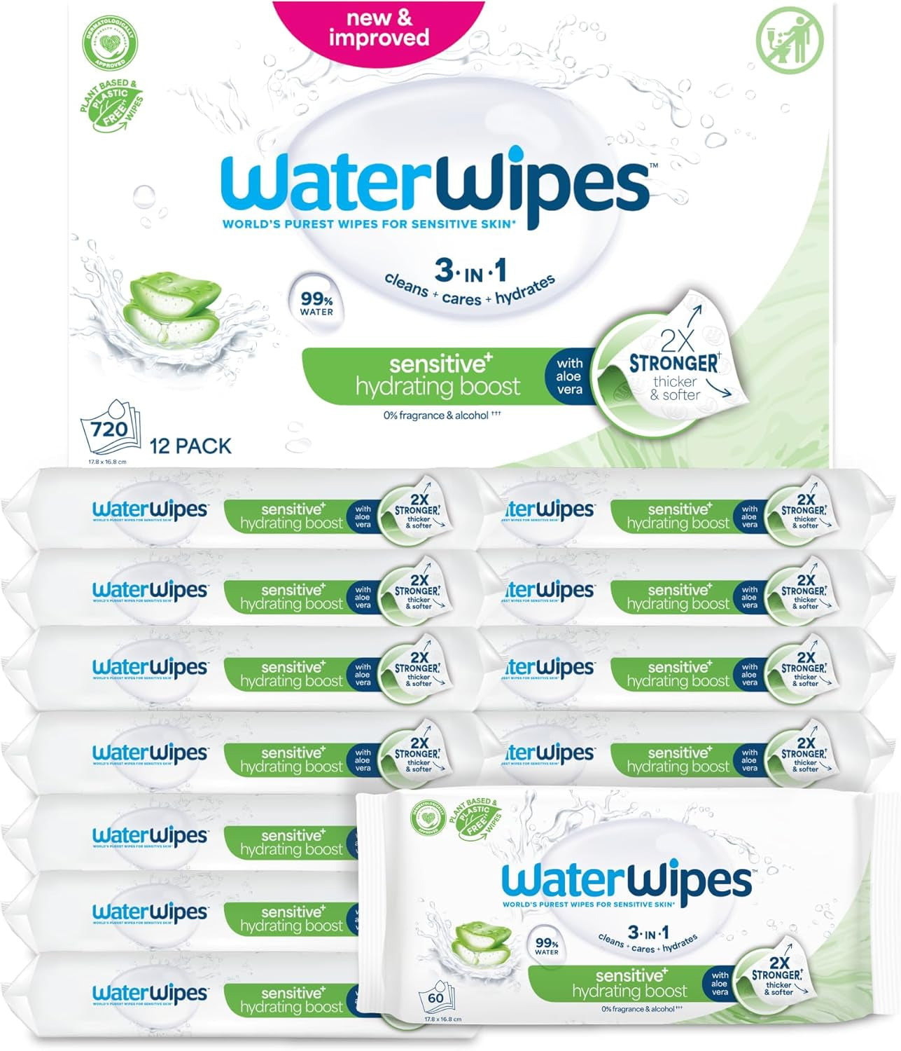 WaterWipes Sensitive+ Hydrating Boost Feuchttücher, feuchtigkeitsspendende Tücher, 720 Stück (12er-Pack), 3-in-1-Reinigung, Pflege, Feuchtigkeit, 99 % Aloe-Vera-Wasser, parfümfreie Babytücher