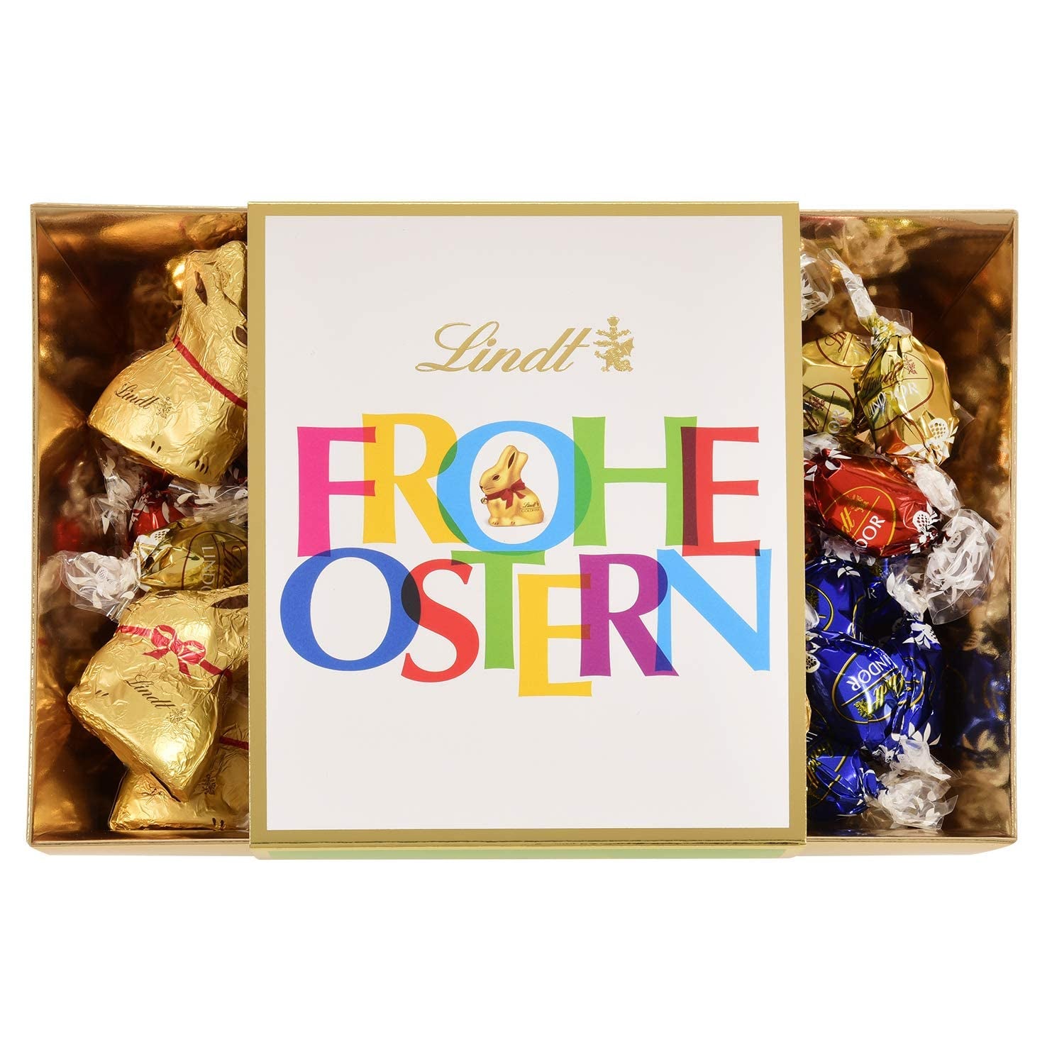 Buntes Lindt Schokoladen-Osternest | 310 g | 8 x Mini-Goldhasen, 26 x Lindor Milchschokolade-Eier, 15 x Lindor weiße Schokoladeneier, 10 x Lindor dunkle Schokoladeneier | Osterschokolade | Geschenk aus Schokolade