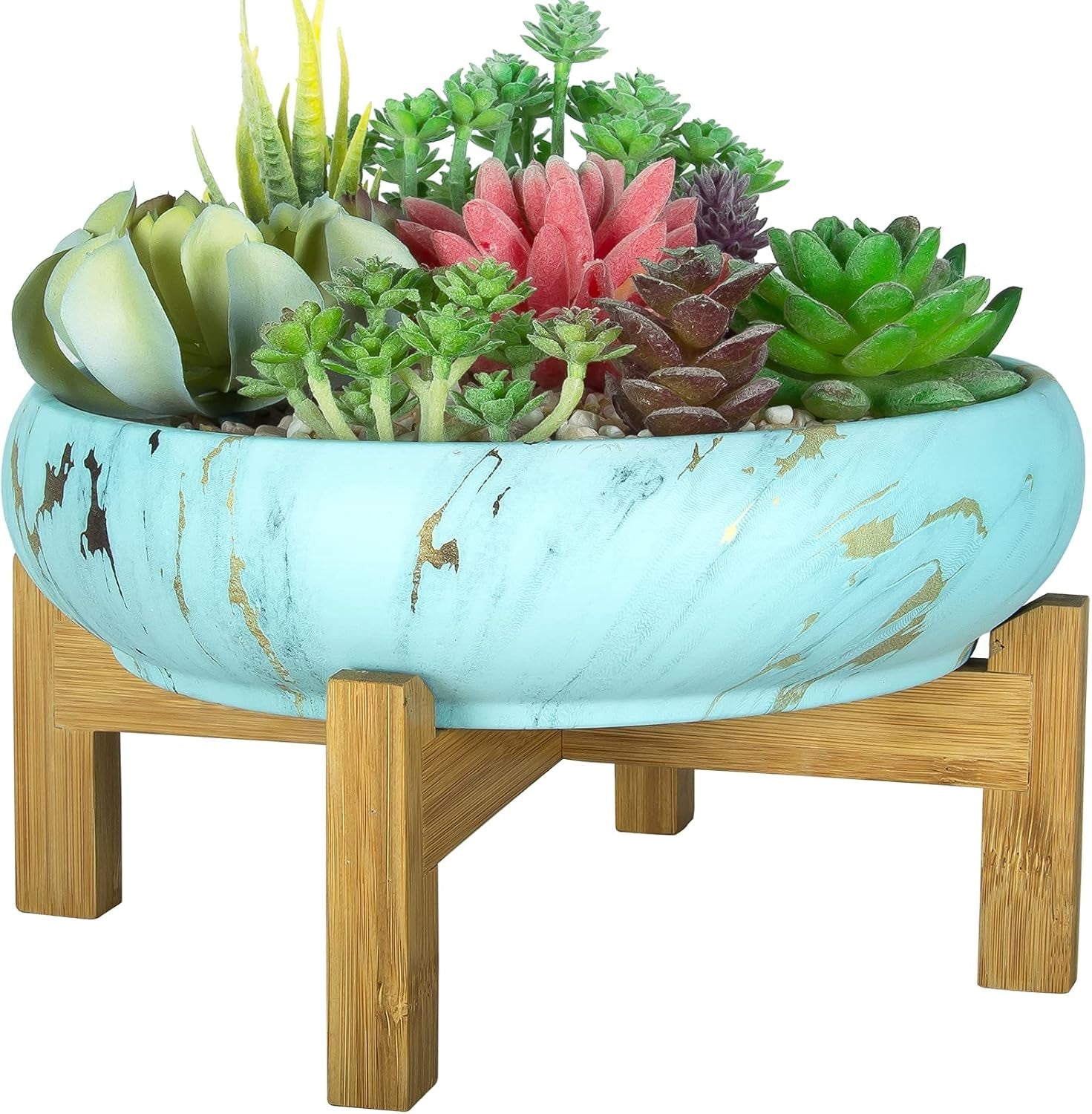 Ghiveci suculent, jardinieră mare pentru suculente cu suport, ghiveci bonsai ceramic de 25,4 cm cu drenaj, rotund, marmură, cactus, flori, jardinieră pentru interior și exterior