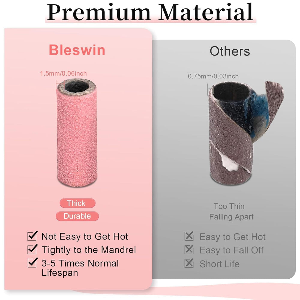 BLESWIN 100 bucăți benzi de șlefuit mici pentru burghie de unghii, granulație fină 240 cu 2 bucăți burghiu de 3 mm, mini benzi de șlefuit pentru lustruirea unghiilor naturale și curățarea cuticulelor pentru pregătire, roz