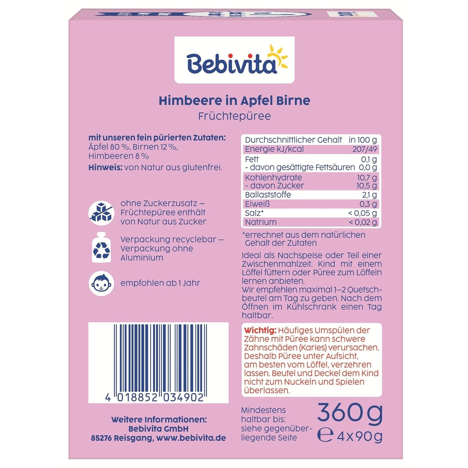 Himbeere in Apfel Birne Quetschie – 16 Stück (4er Pack, je 4 x 90g), ohne Zuckerzusatz, glutenfrei, ideal für unterwegs und selbständiges Snacken