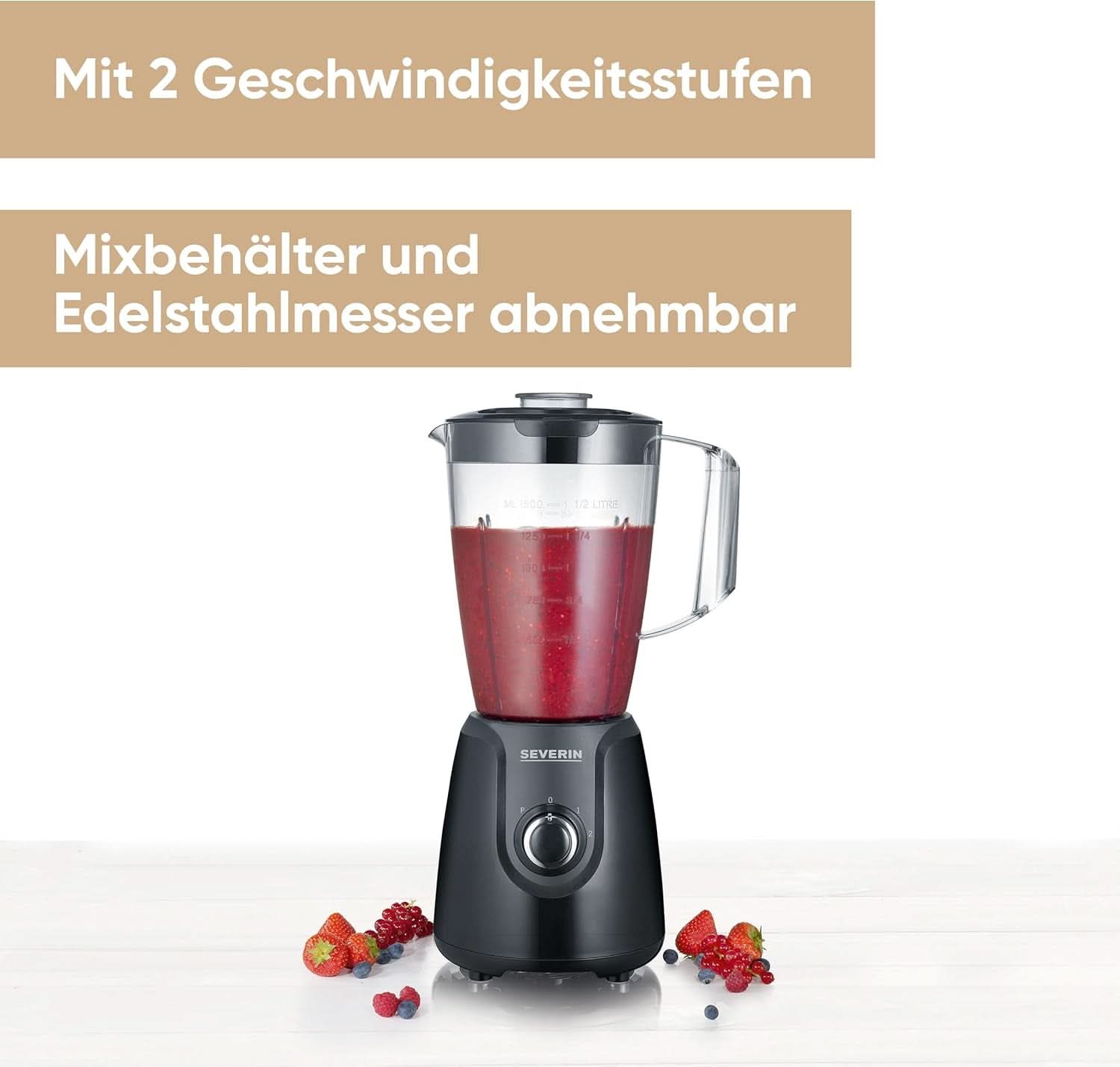 SEVERIN Standmixer Mit 1,5 L Mixbehälter Aus Tritan, Mixer Mit 2 Stufen Und Pulse-Funktion, Leistungsstarker Küchenmixer Mit Edelstahlmesser, 600 W, Schwarz, SM 3707 Kitchen Naty Shop