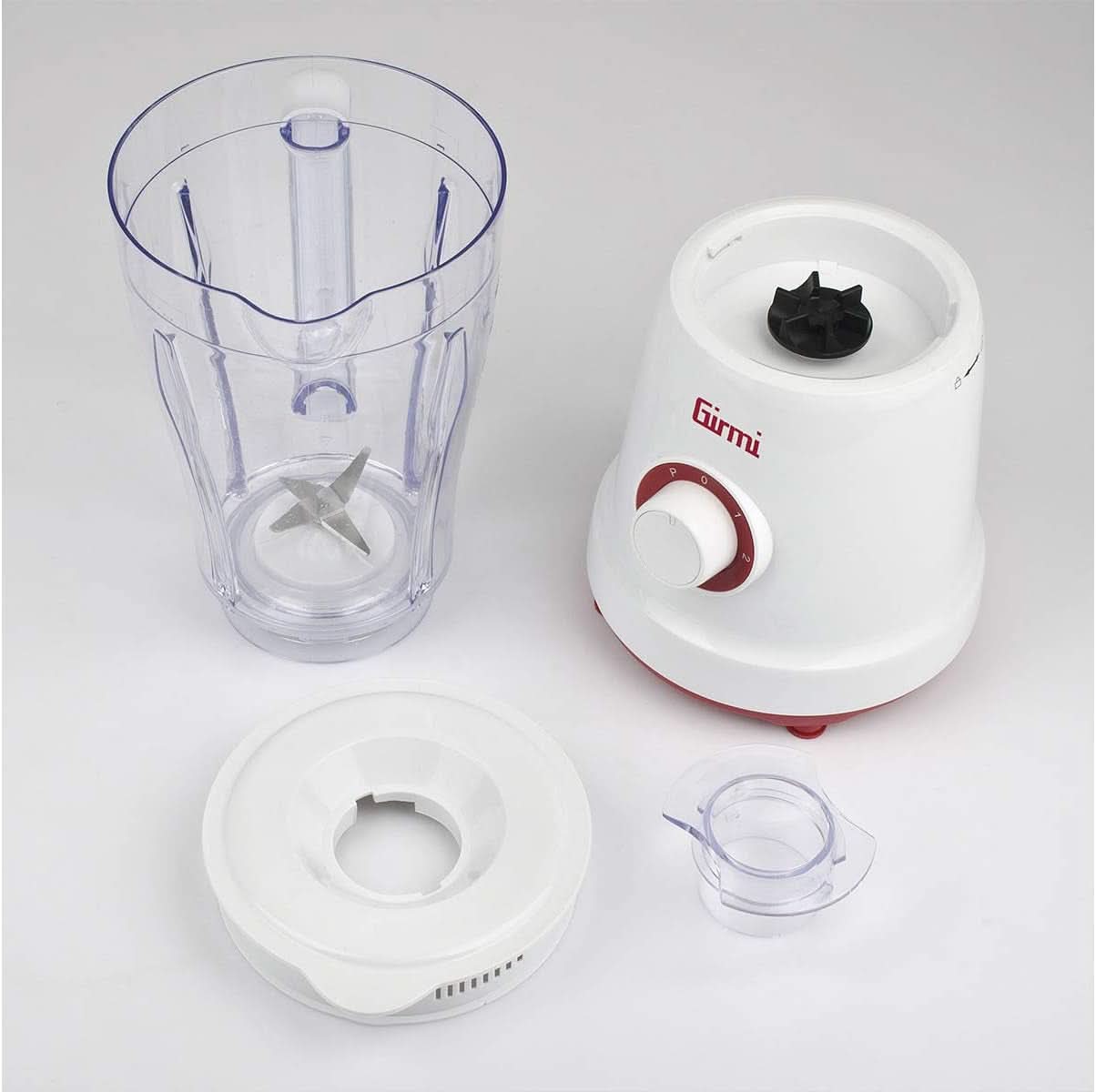 Girmi FR46 Elektrischer Mixer, 1,5 Liter, 2 Geschwindigkeiten Mit Pulse-Funktion, 4 Edelstahlklingen, Messbecherdeckel, Messbecher Mit Skala, Sicherheitseinrichtung, Weiß/Rot Bucatarie Naty Shop