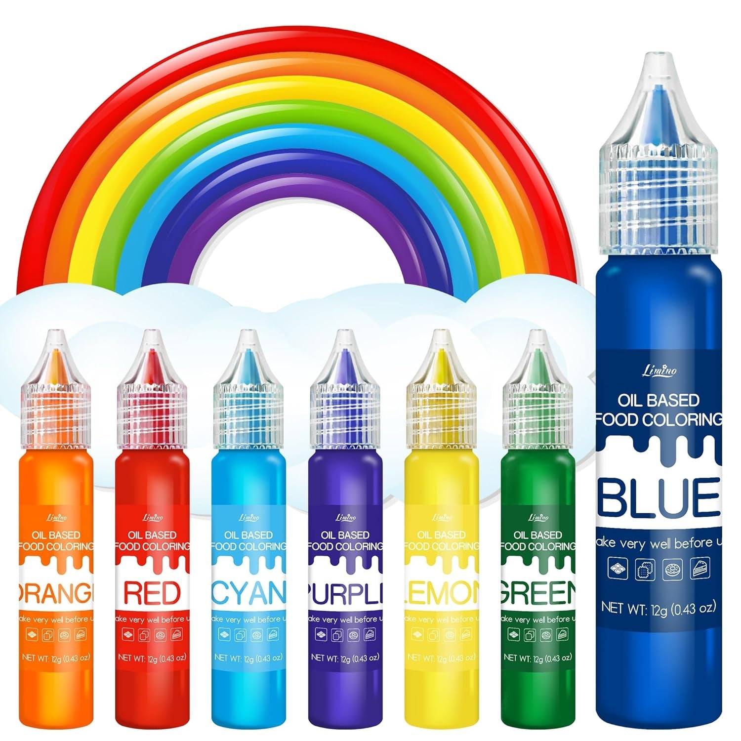 Colorant alimentar liposolubil - Colorant alimentar pe bază de ulei în culorile curcubeului pentru ciocolată, dulciuri, prăjituri, copt - Colorant alimentar concentrat pentru decorarea torturilor, cremă de unt, fondant - 12g fiecare