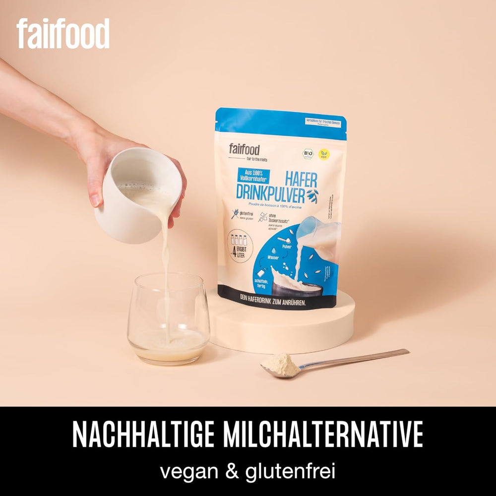 fairfood Bio Haferdrink Pulver 360g - nachhaltige Milchalternative - vegan, glutenfrei und ohne Öl - bis zu 4L Haferdrink - zum Selbermischen - 100% Bio-Vollkornhafer
