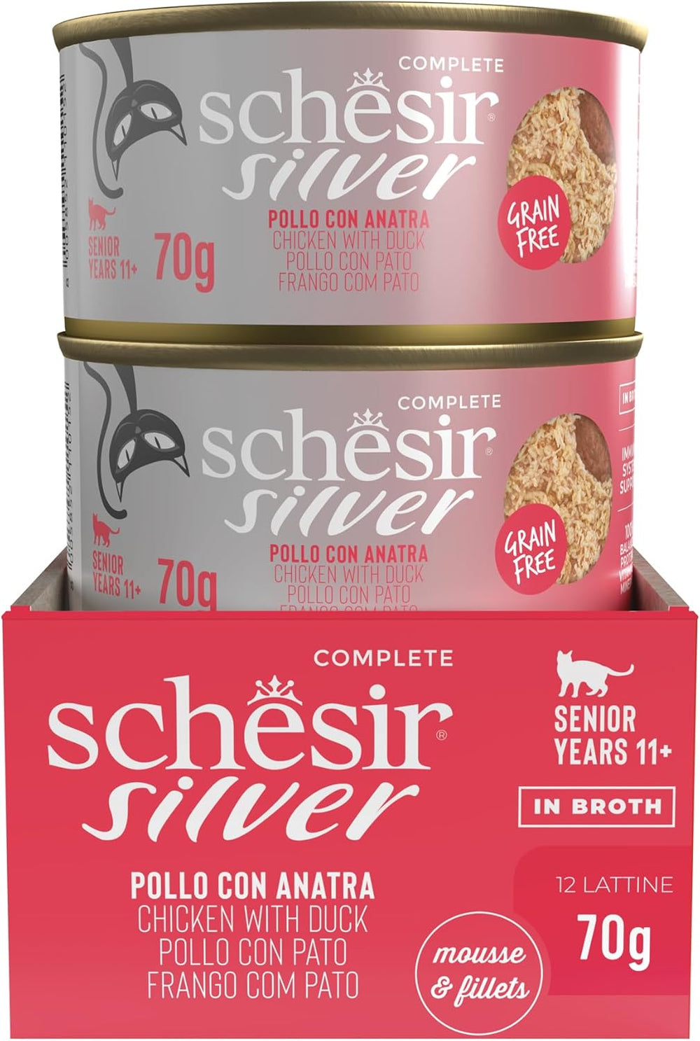 Silver, Pui cu Mousse de Rață și Fileuri, Hrană Umedă Completă pentru Pisici Senior, Fără Cereale, Suport Imunitar, Sursă de Umiditate, 12 x 70g