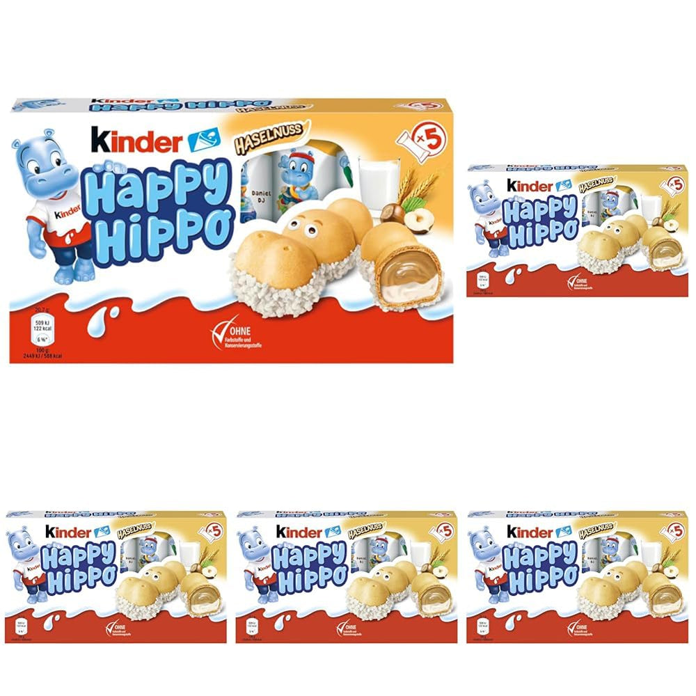 Kinder Happy Hippo Haselnuss – Knusprige Spezialwaffeln mit Milch und Haselnusscreme – Karnevals- und Faschingssüßigkeiten – 1 Packung mit 5 einzelnen Riegeln à 20,7 g