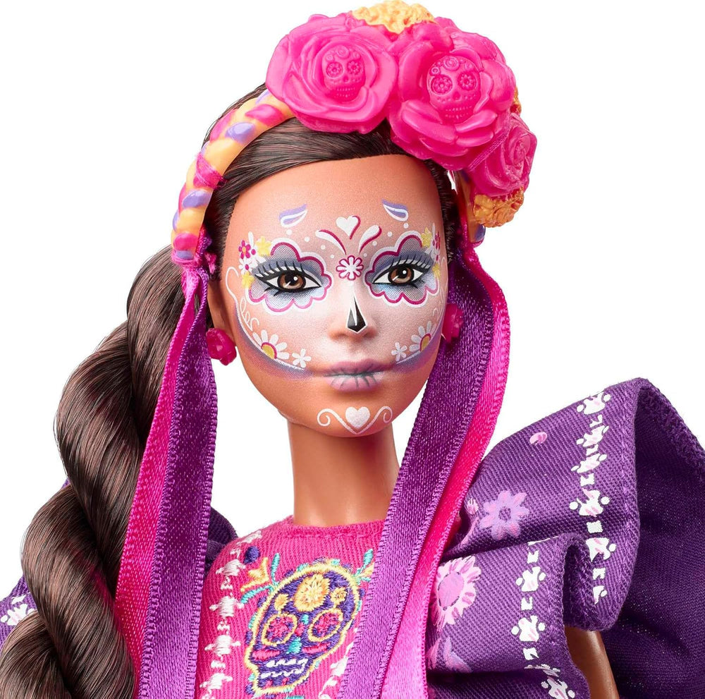 Păpușă Barbie 2022 Día De Muertos cu rochie tradițională cu volane, coroană de flori și vopsea facială Calavera, cadou pentru colecționari