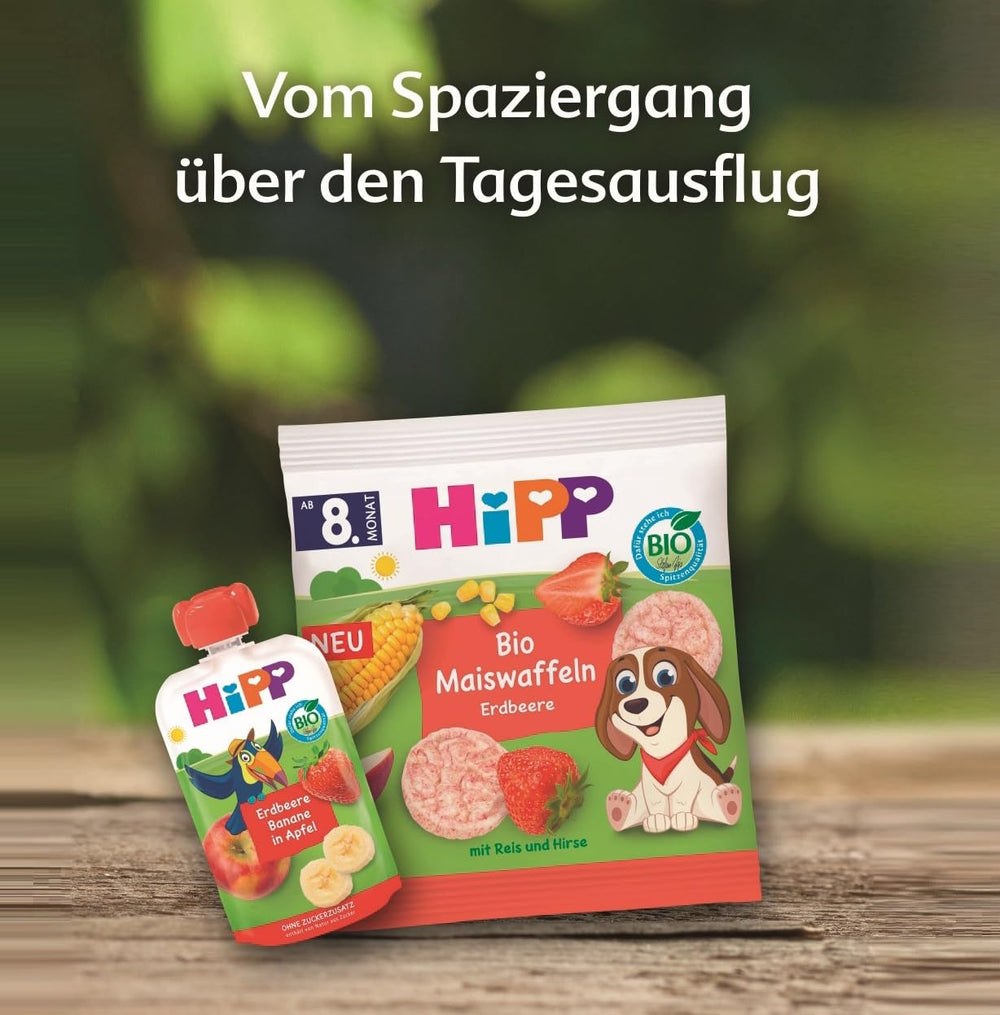 HiPP Bio-Maiswaffeln mit Erdbeeren (8 x 23g), Snack für Babys ab 8 Monaten, nur mit Obst und Gemüse gesüßt, glutenfrei, beste Bio-Qualität