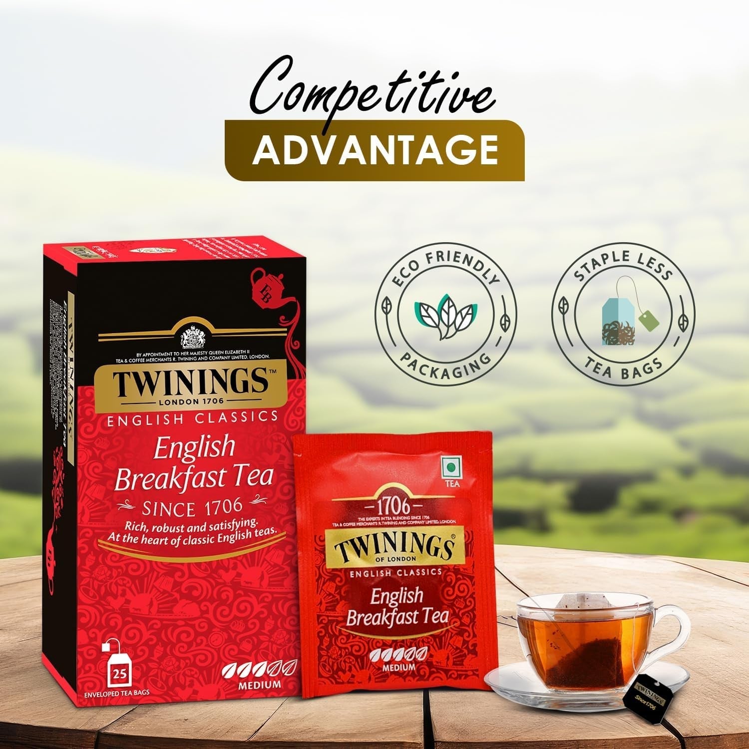 Twinings English Breakfast Ceai negru 50 g, 25 pliculețe de ceai, ceai negru plin, rotund și puternic din cele mai bune plantații de ceai din Sri Lanka și India. Ceai negru Pachet de 1 (1 x 50 g)