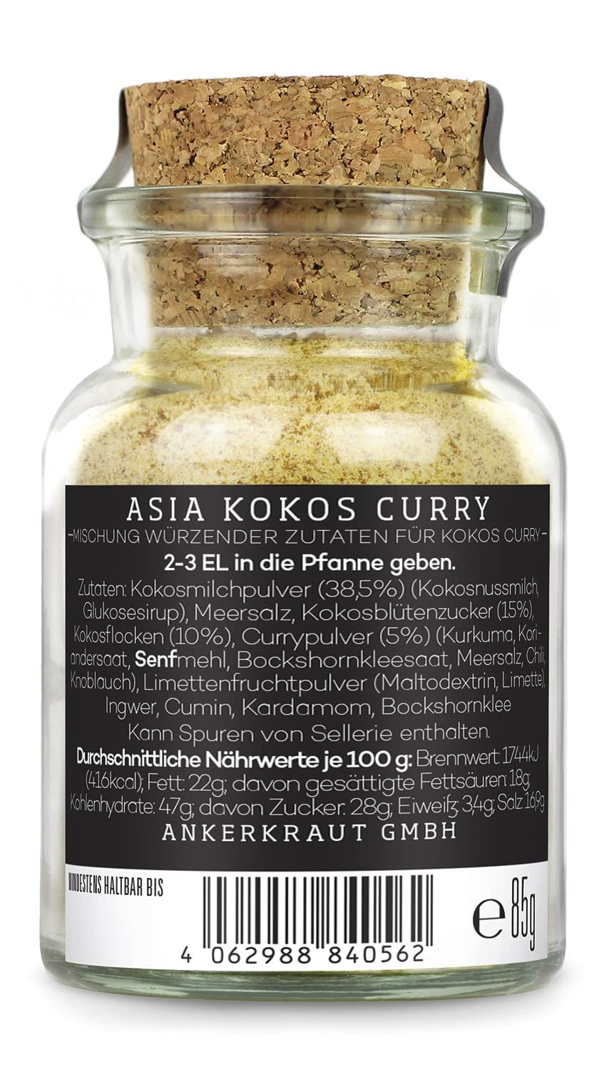 Ankerkraut Asia Kokos Curry, 85g im Korkglas, Gewürz für Kokos-Milch Gemüse Fleisch, Einfach Lecker Zu Hause Kochen, Premium Qualität in der Panne
