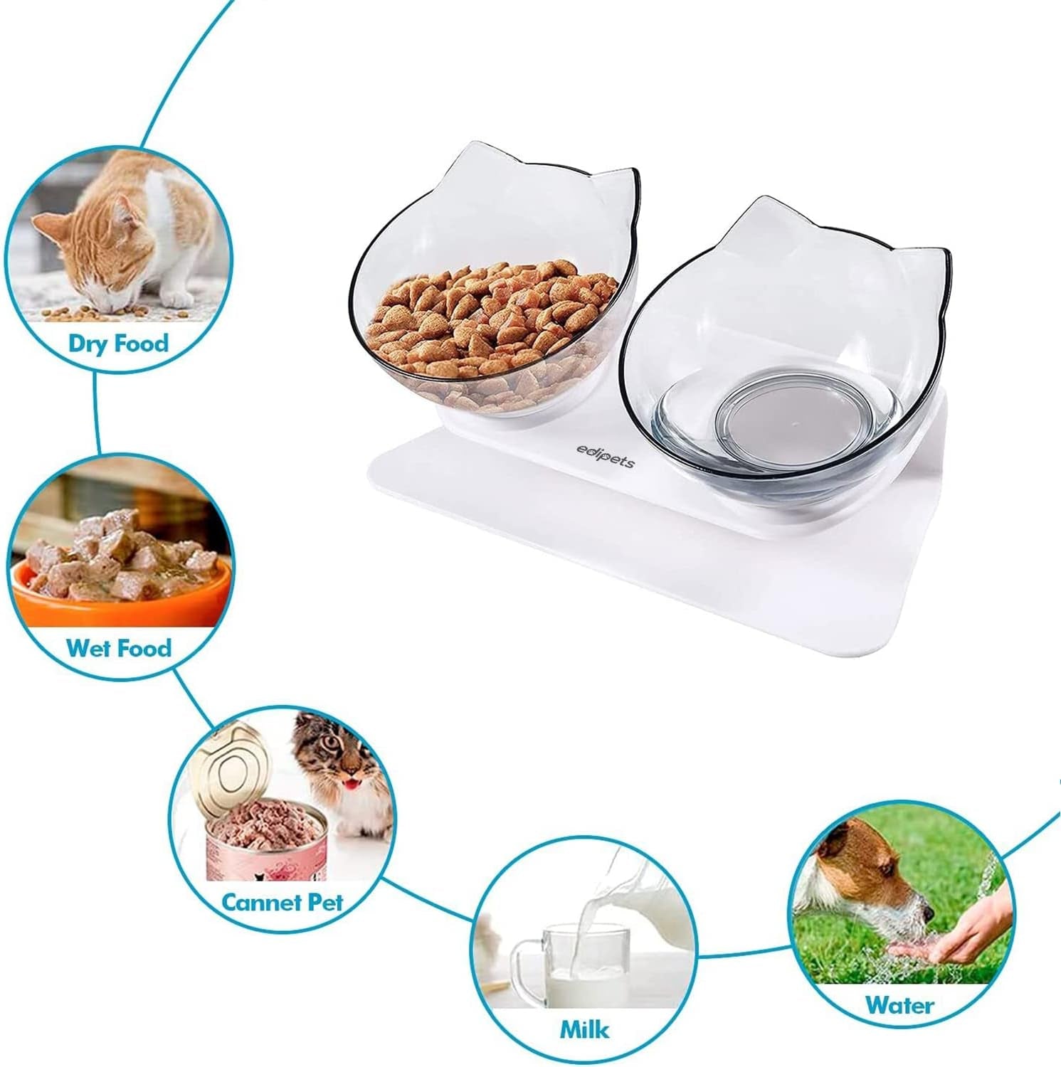 Edipets, Katzennapf erhöht, Einzel oder Doppel, Antischlingnapf, Erhöchte, für Hund und Katze (Transparent)