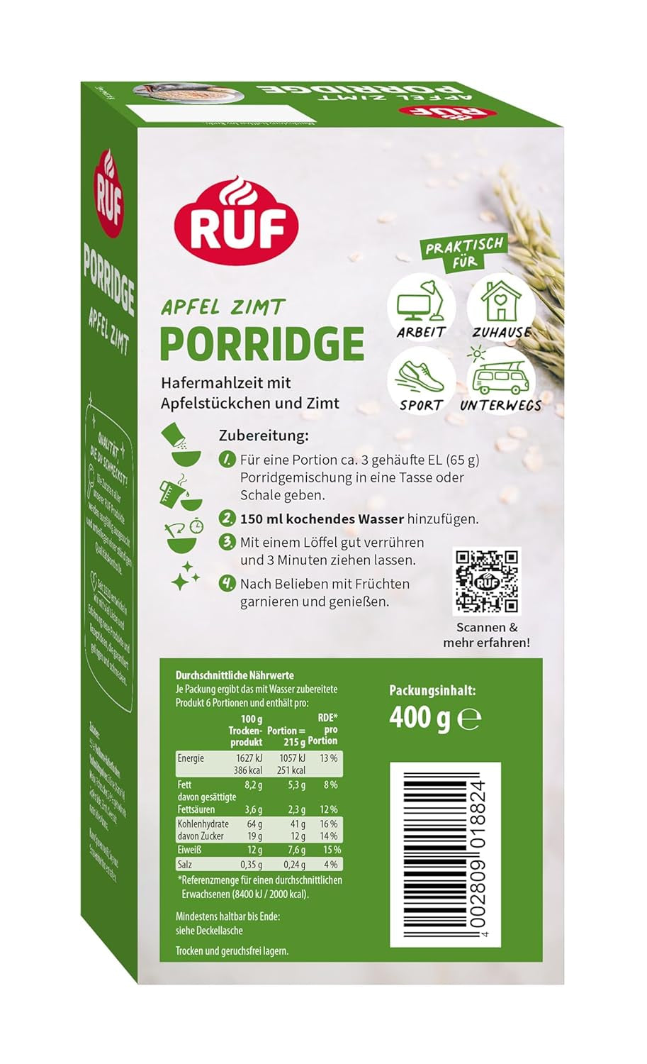 RUF Zimt-Apfel-Haferflocken mit ganzen Haferflocken, zartem Zimtgeschmack und getrockneten Apfelstücken, Snacks, Großpackung, 1 x 400 g