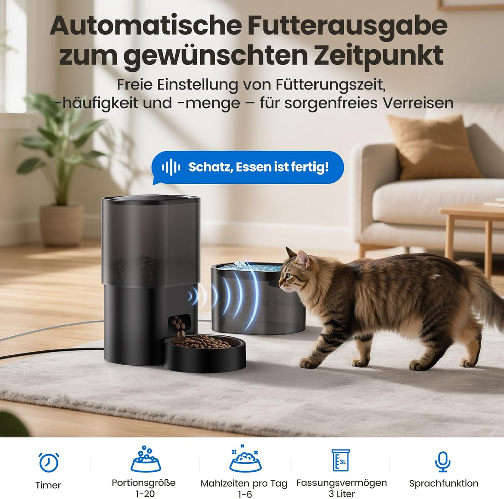 3L Automatischer Katzenfutterspender 2.5L Katzenbrunnen-Set, geräuscharmes App-steuerbares Fernfütterungsgerät mit 10 Mahlzeiten pro Tag, Anti-Verstopfungs-Design, ideal für Katzen & Welpen