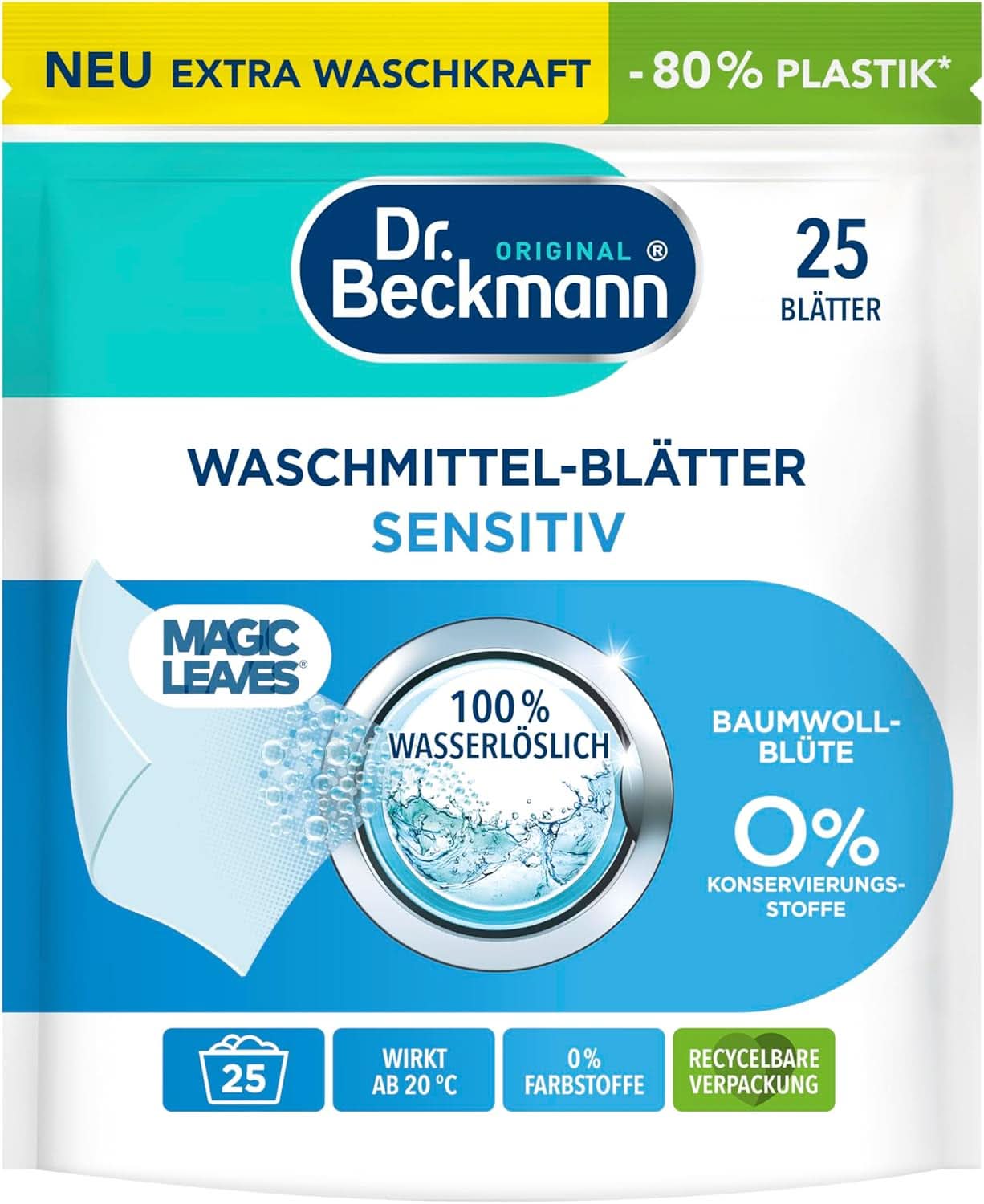 Waschmitteltücher Dr. Beckmann MAGIC LEAVES COLOR | Vordosierte und wasserlösliche Waschtücher | Platzsparend und einfach zu bedienen | 25 Blatt Naty Shop Waschmittel 25 Stück Sensitive