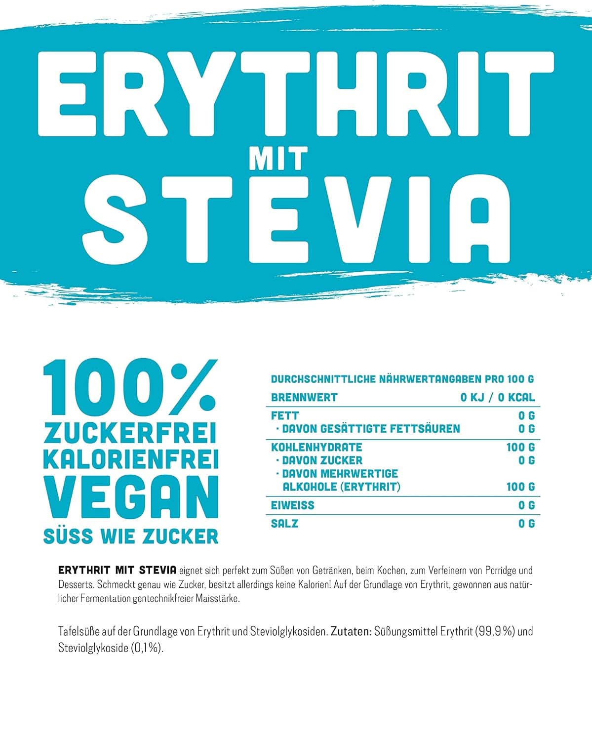 Erythrit + Stevia Natürlicher Zuckerersatz ohne Kalorien 1:1, 1 kg Süßstoffe Naty Shop