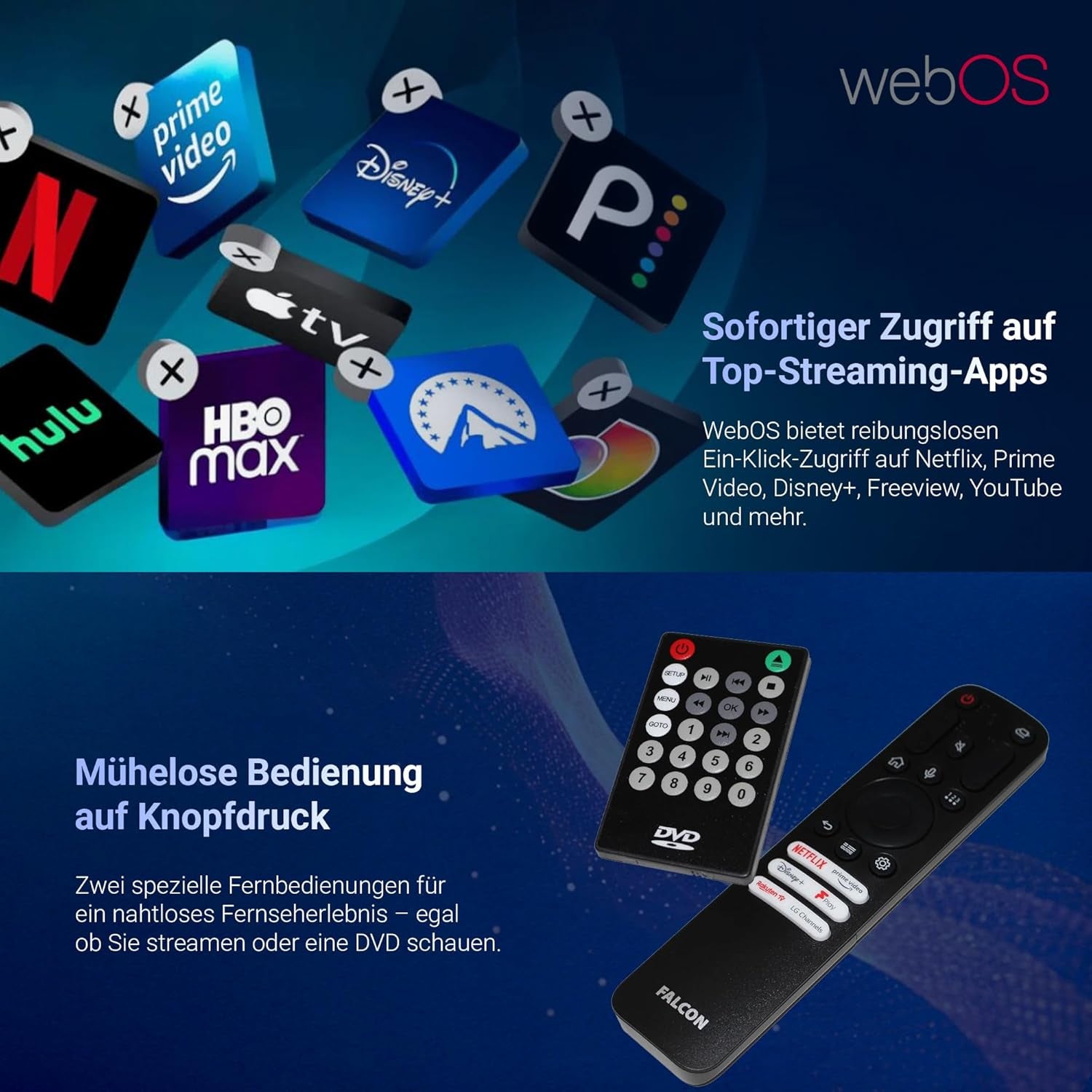 Televizor LED Falcon Full HD de 22 de inci cu LG WebOS SMART WiFi, potrivit pentru camping/autorulote (12V/24V), DVD player, Bluetooth, HDMI, USB, Paramount Plus, Magenta, Netflix, Prime Video, Disney Plus, DAZN și streaming IPTV