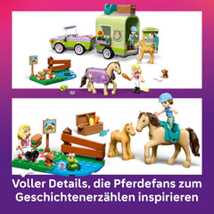 LEGO Friends Pferd und Fohlen mit Pferdeanhänger – Pferde Spieleset mit Pflegezubehör, 4 Tierfiguren, Auto & 2 Mini Puppen – Geschenkeidee zum Geburtstag für Mädchen ab 7 Jahren – 42695