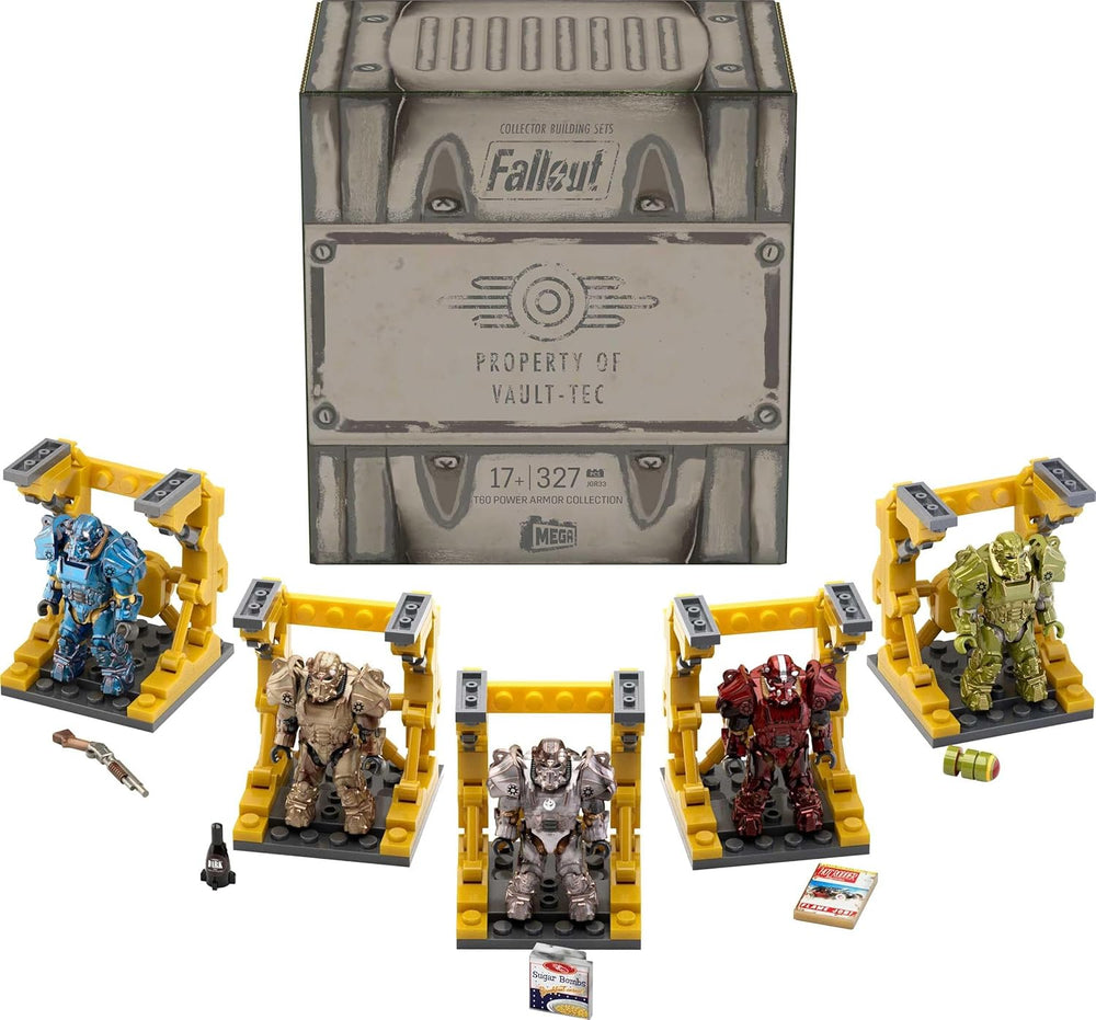 MEGA Fallout Action Figure Bauspielzeug, T-60 Power Armor Collection mit 327 Teilen, 5 Mikro-Actionfiguren und Zubehör, für Sammler