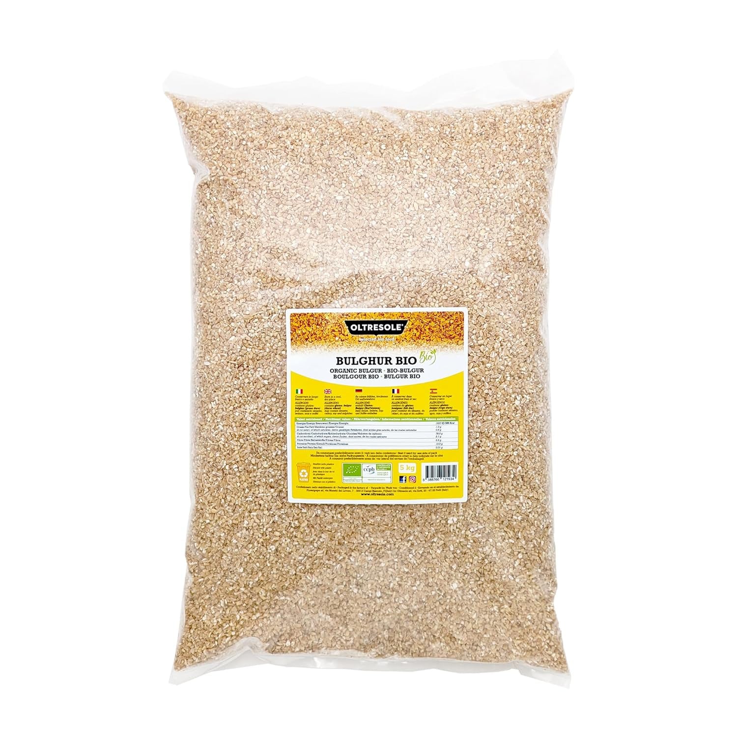Italienischer Bio-Bulgur 5 kg, Vollkorn, Hartweizen, Weizenschrot, ideal für die Zubereitung von Taboulé und orientalischen Gerichten, praktisches Format