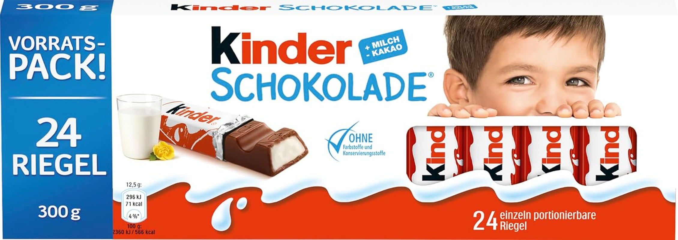 Kinder Chocolate – Gefüllte Milchschokoladenriegel – 1 Packung mit 24 einzelnen Riegeln (24 x 12,5 g).