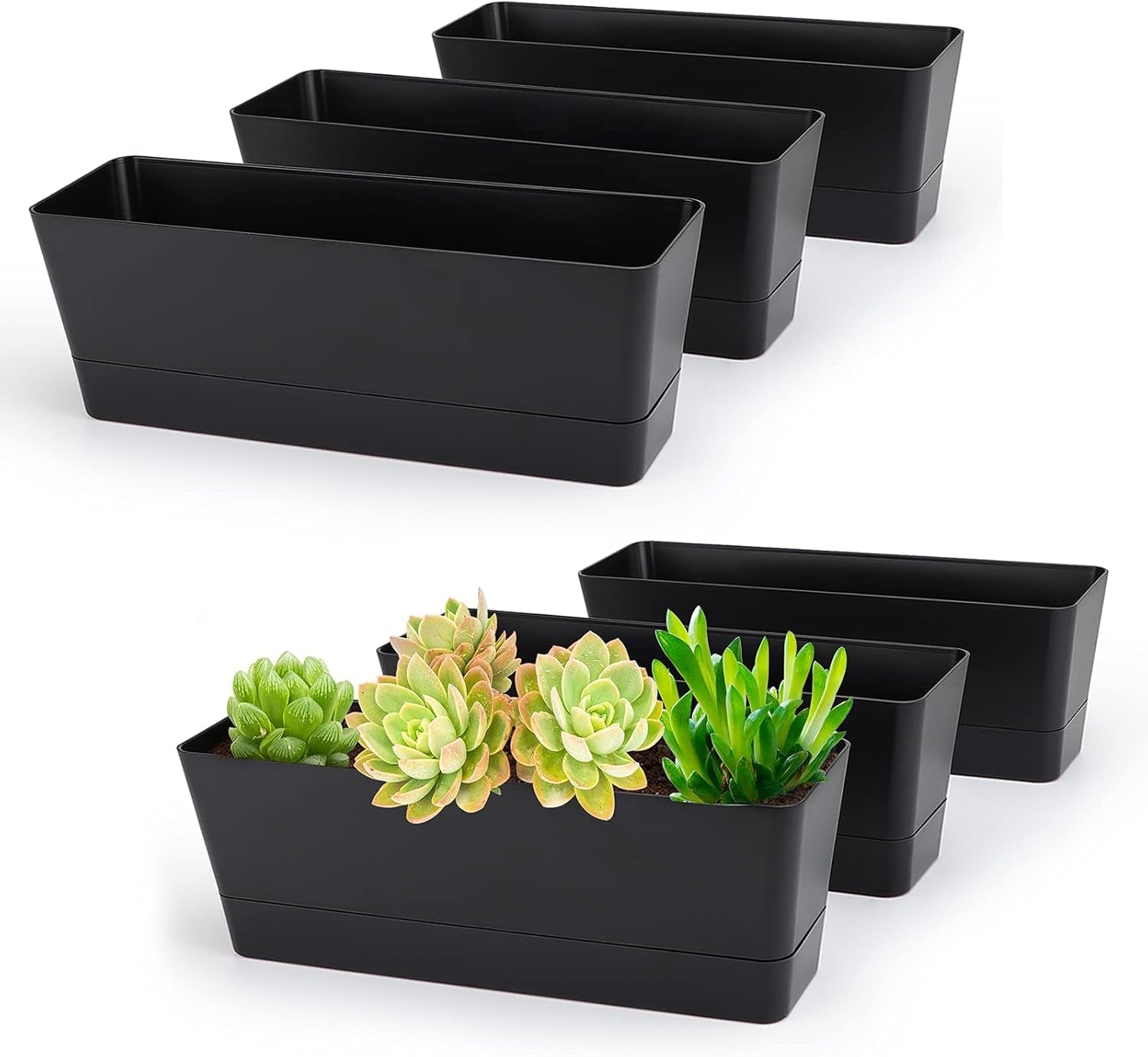 Set de 3 ghivece dreptunghiulare (40,6 × 9,7 cm) cu farfurioare – ghivece albe din plastic pentru ierburi, flori, legume – pentru balcon, grădină, pervaz, interior și exterior