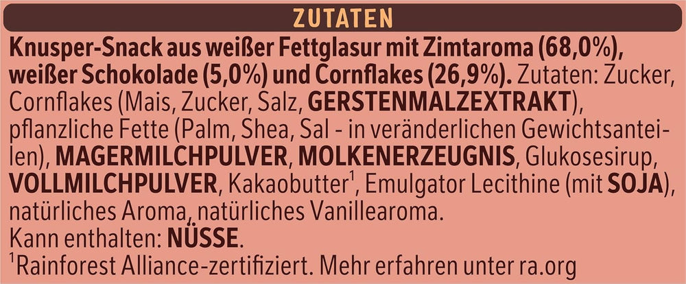 Leichte knusprige Zimtflocken und knusprige Mandeln von Nestlé, umhüllt von einer zartschmelzenden weißen Glasur mit Zimtgeschmack, 1 Packung (2 x 75 g)