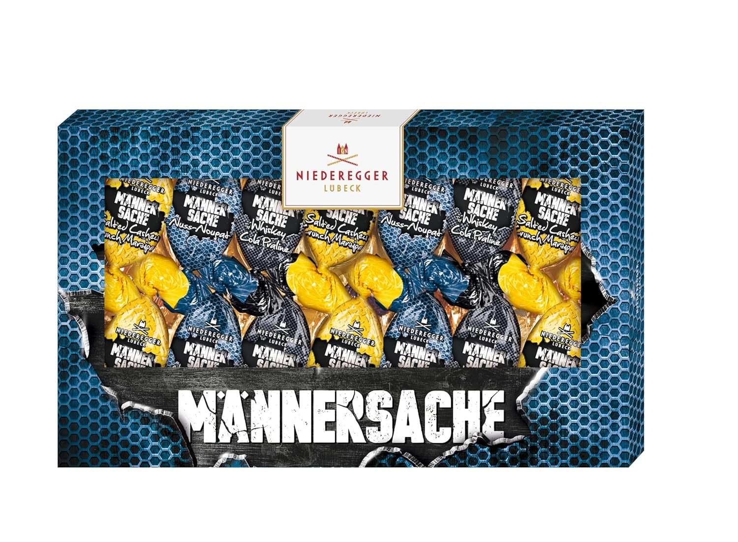 Niederegger | Ostergeschenk | Für Männer | 1 x 175g | Sorten: Whisky- und Cola-Praline, Haselnuss-Nougat, gesalzenes Cashew-Knusper-Marzipan | Überzogen mit Milchschokolade | Ostereier | Ostergeschenk