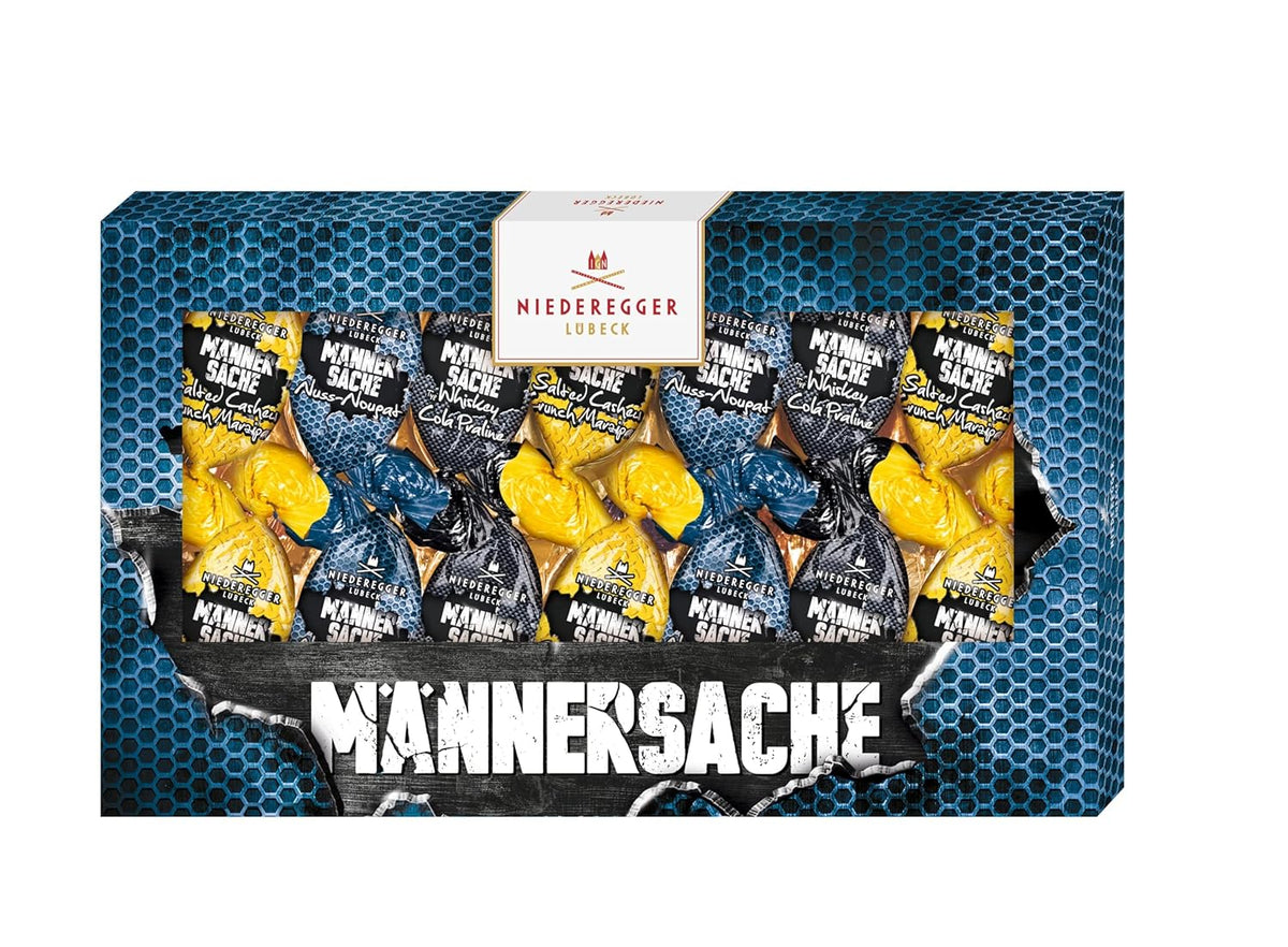 Niederegger | Ostergeschenk | Für Männer | 1 x 175g | Sorten: Whisky- und Cola-Praline, Haselnuss-Nougat, gesalzenes Cashew-Knusper-Marzipan | Überzogen mit Milchschokolade | Ostereier | Ostergeschenk