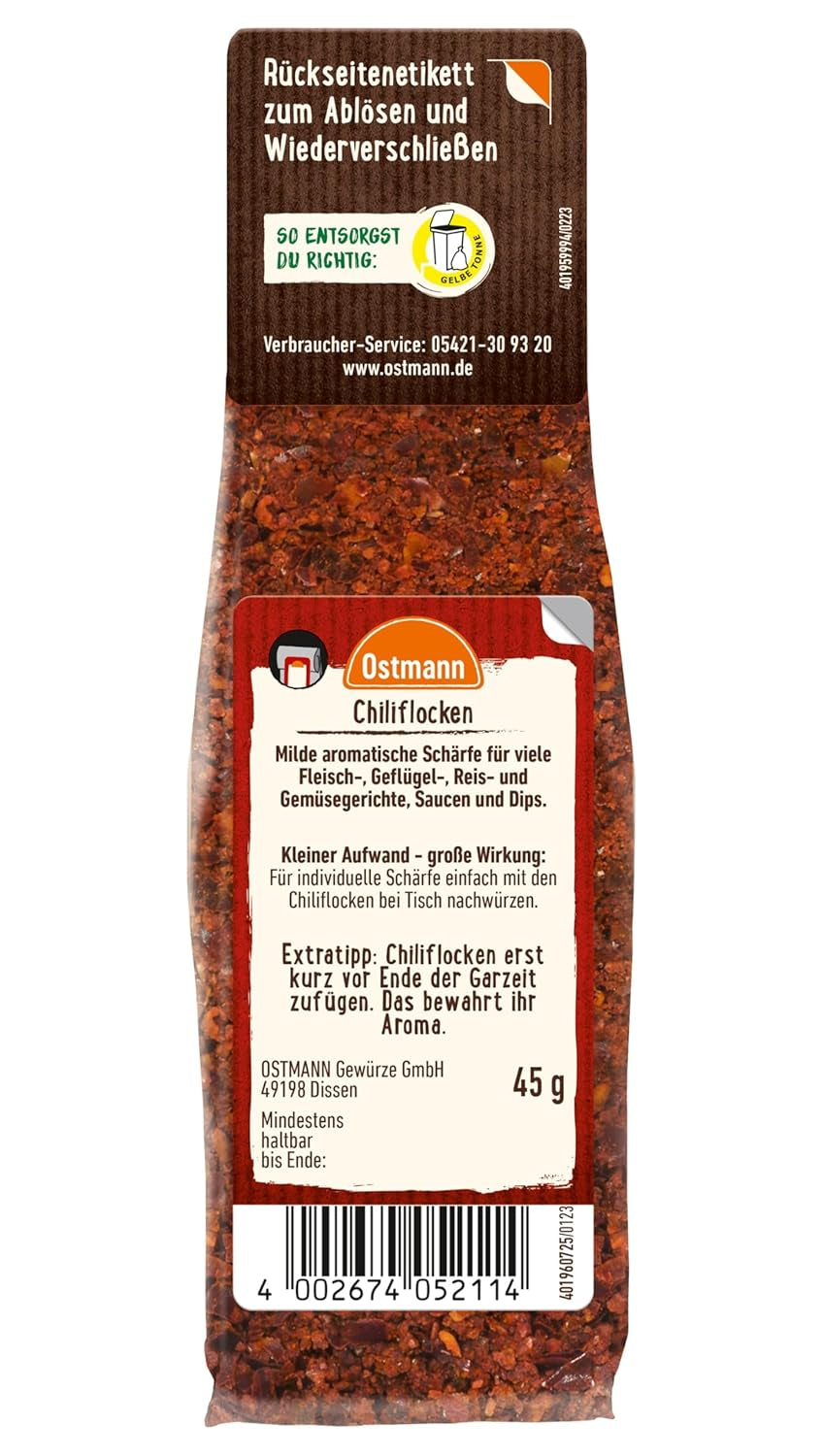 Ostmann Gewürze - Chiliflocken | Scharfes Topping für Gerichte aller Art | Zum Nachfüllen der Streudose | 45 g im Beutel