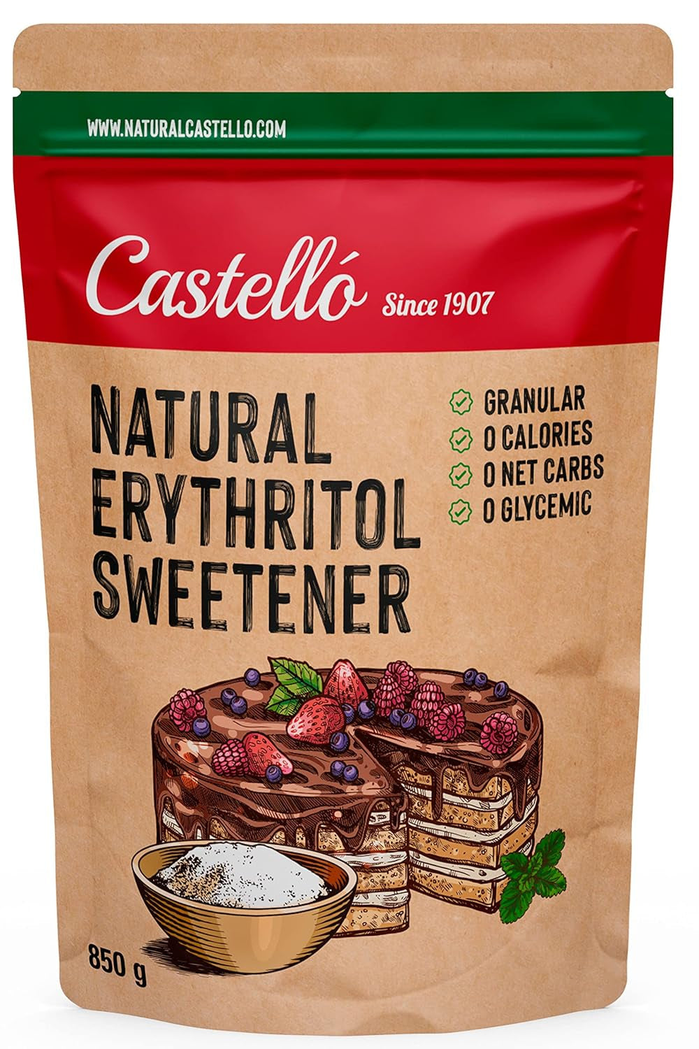 Natürliches Erythrit - Kristallzucker | 10G = 7G Zucker | Natürlicher Zuckerersatz - 0 Kalorien - 0 Glykämischer Index - Keto Und Paleo - 0 Netto-Kohlenhydrate - Kein GVO - Castello since 1907-1Kg Indulcitori Naty Shop 850 G (1Er Pack)