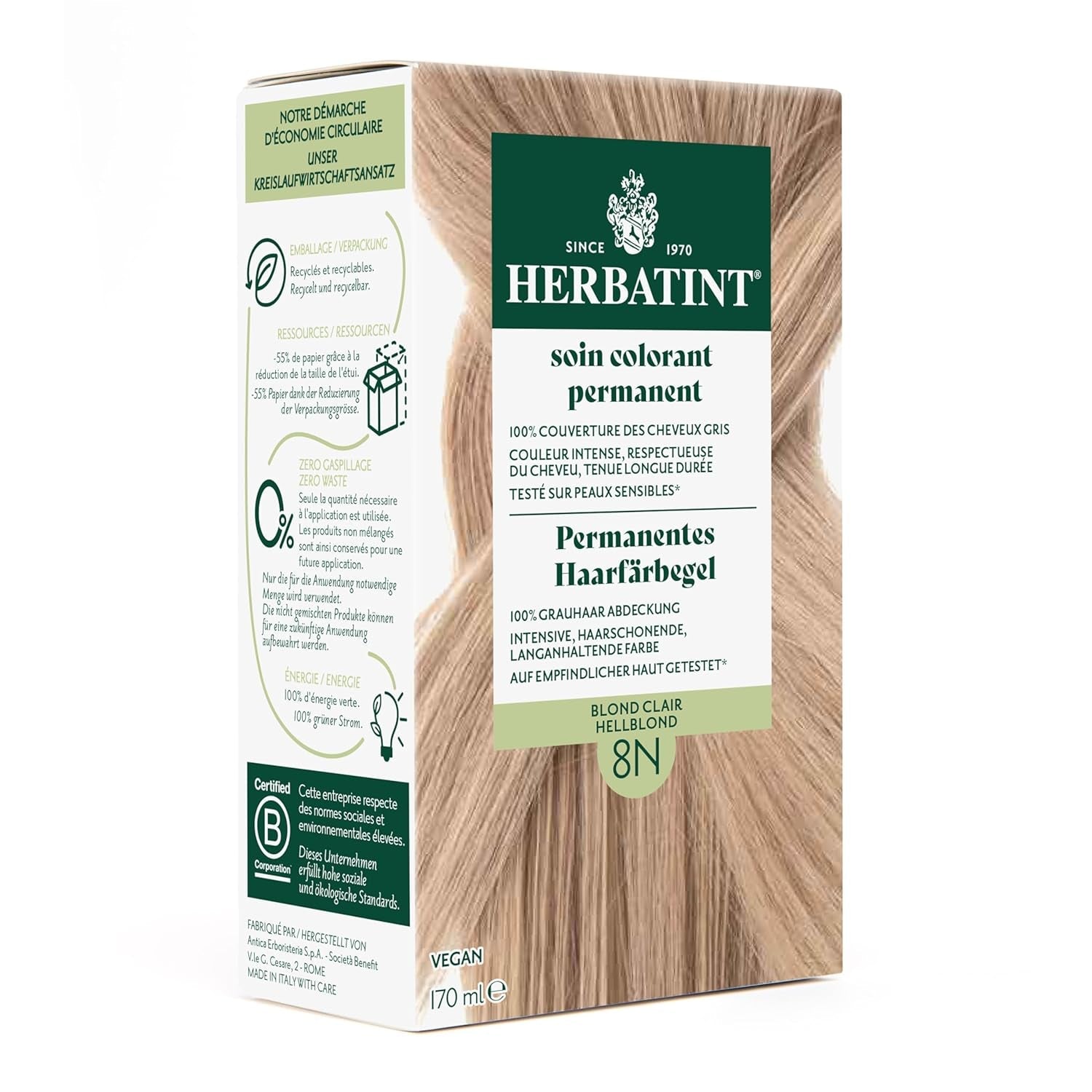 Gel pentru vopsirea permanentă a părului 6N blond închis - 170 ml I Fără amoniac, acoperire 100% a părului gri I Testat pe piele sensibilă, cu 8 extracte de plante
