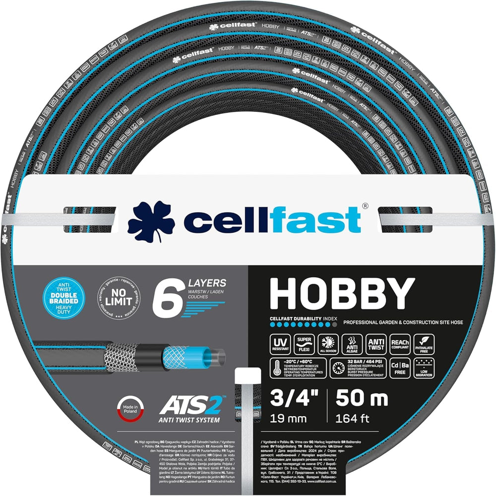 Furtun de grădină CELLFAST, furtun de apă cu 6 straturi, furtun de irigare din material textil cu împletitură dublă, rezistent la UV, anti-alge, furtun flexibil, 32 bar, 1 inch, 25 metri, Hobby