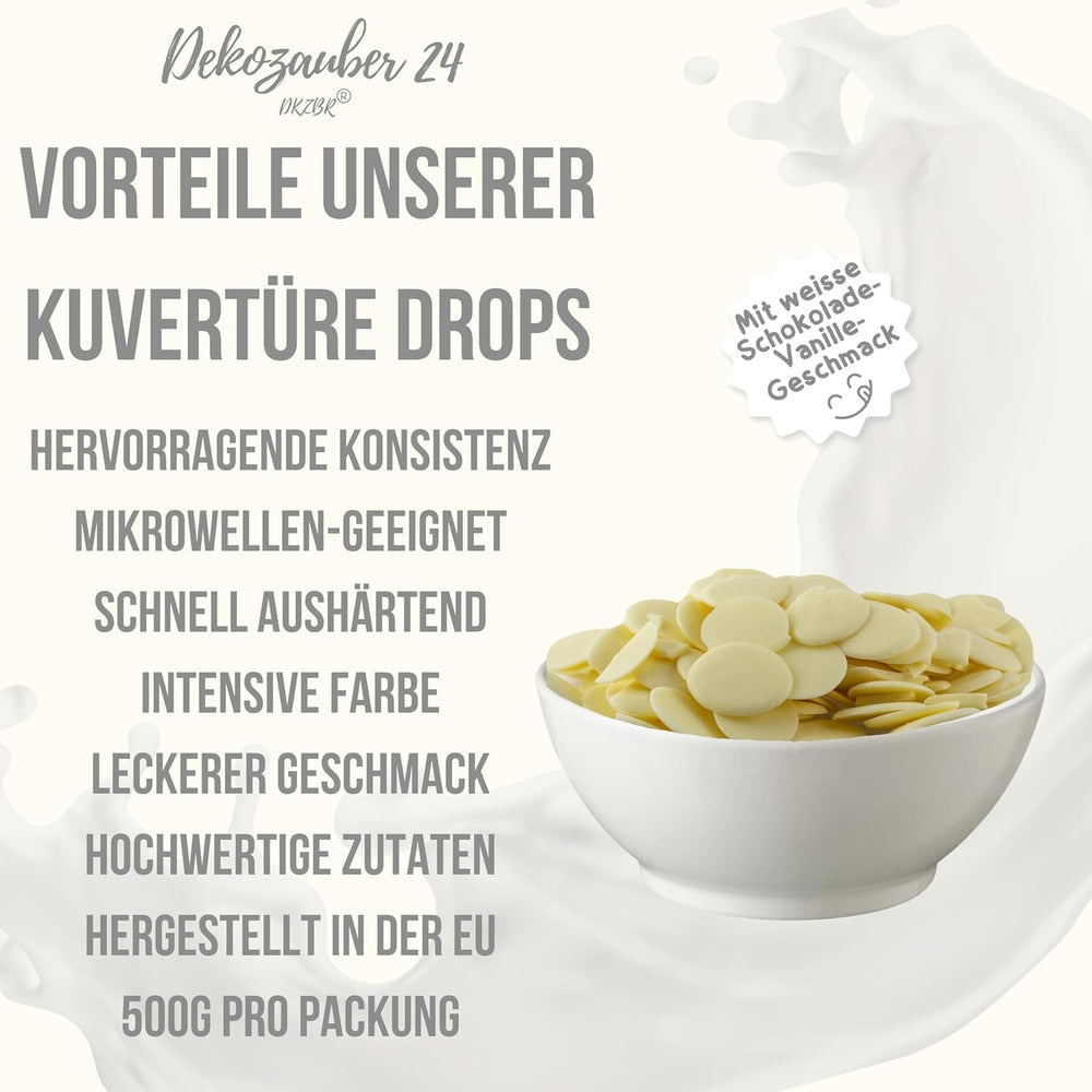 Dekozauber24 couverture drops, alb, 500g, cu aromă de ciocolată albă și vanilie, chipsuri Deco Melts, rezistent la microunde, pentru cake pops, prăjituri, tarte, torturi, picurare sau glazură Pasta de zahar Naty Shop