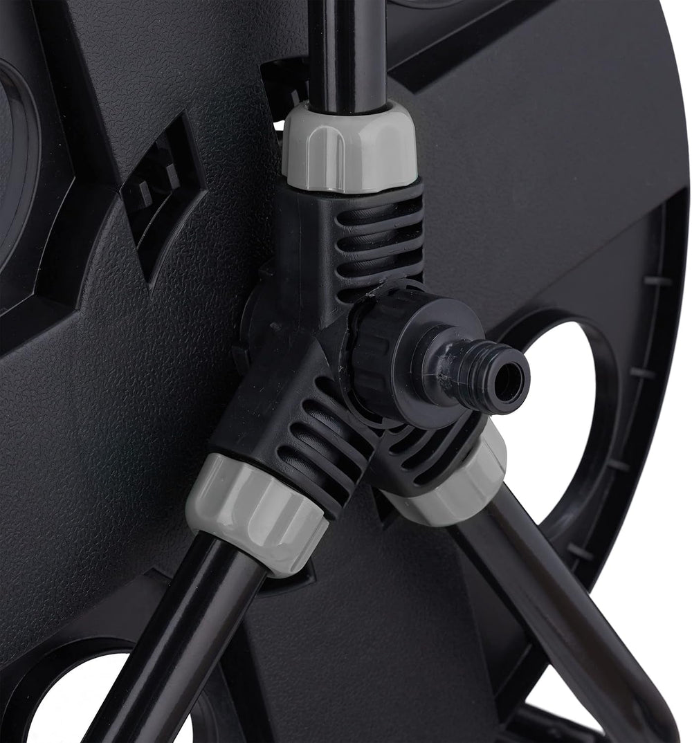 Rolă furtun Relaxdays, pentru furtun de 30 m 1/2", oțel, plastic, suport furtun, HL: 38 x 42 x 31 cm, negru/gri