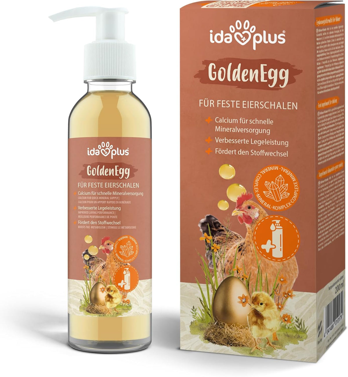 Ida Plus - GoldenEgg 200 ml - reduzierte Brucheier & Federfressen - unterstütztes Federwachstum & Federkleid - Wichtige Mineralien & Vitamine für Hühner - Beste Eierqualität bei Ihrer Hühnerhaltung