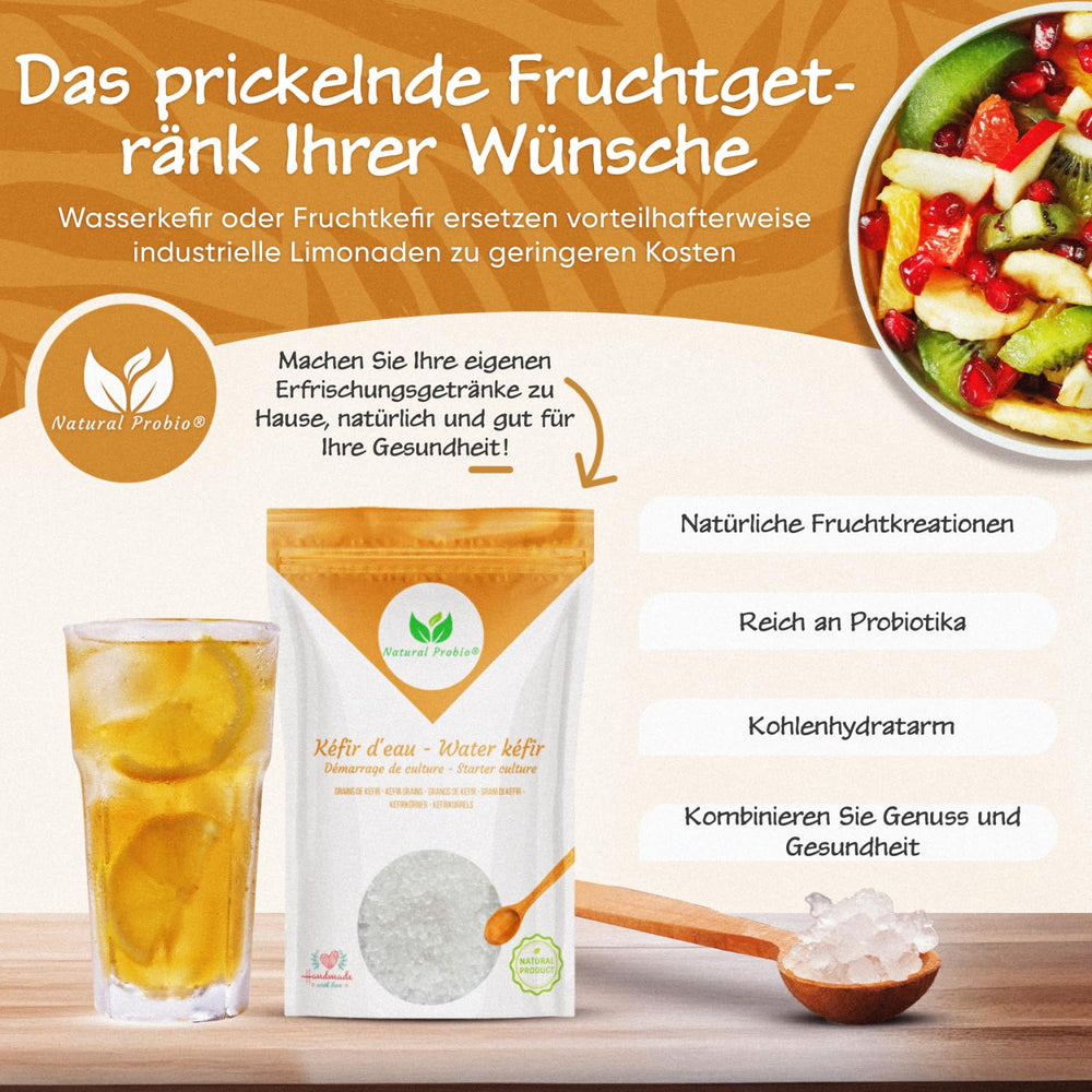 Natural Probio® Wasserkefir, Kefirpilz, Japankristalle, Kefirknollen, Starter Set + Anleitung, Rezept, Tipps, E-Book & Rezeptbibliothek + Kundenservice auf Lebenszeit (10g dehydriert/60g rehydriert)