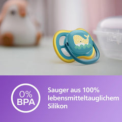 Suzetă Philips Avent Ultra Air - set de 2 suzete, fără BPA, respirabile, pentru bebeluși de la 18 luni, inclusiv cutie de transport și sterilizare, Whale/Whale (Model SCF349/24)