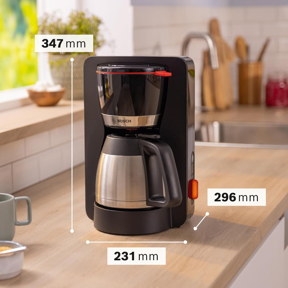 Espressor cu filtru Bosch MyMoment TKA6M273, carafă termică de 1L, pentru 8-12 cești, sistem anti-picurare, suport pentru filtru rotativ, program de detartrare, rezervor de apă detașabil, 1200 wați, negru mat
