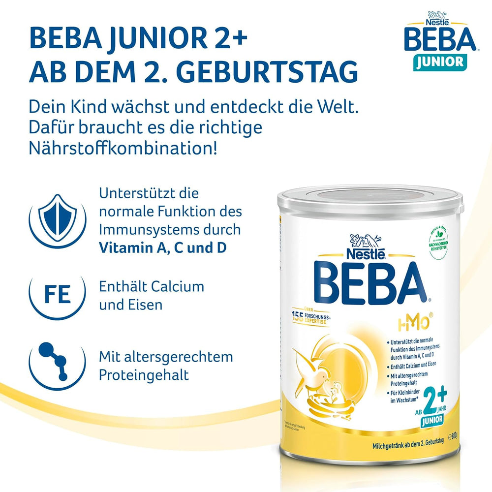 BEBA Junior 2+ Milchgetränk ab 2 Jahren, Mit HMO, Altersgerechter Proteingehalt, Nur Laktose, Ohne Palmöl, Ohne Fischöl, Kleinkindnahrung, Babymilchpulver, 3er Pack (3 x 800g)