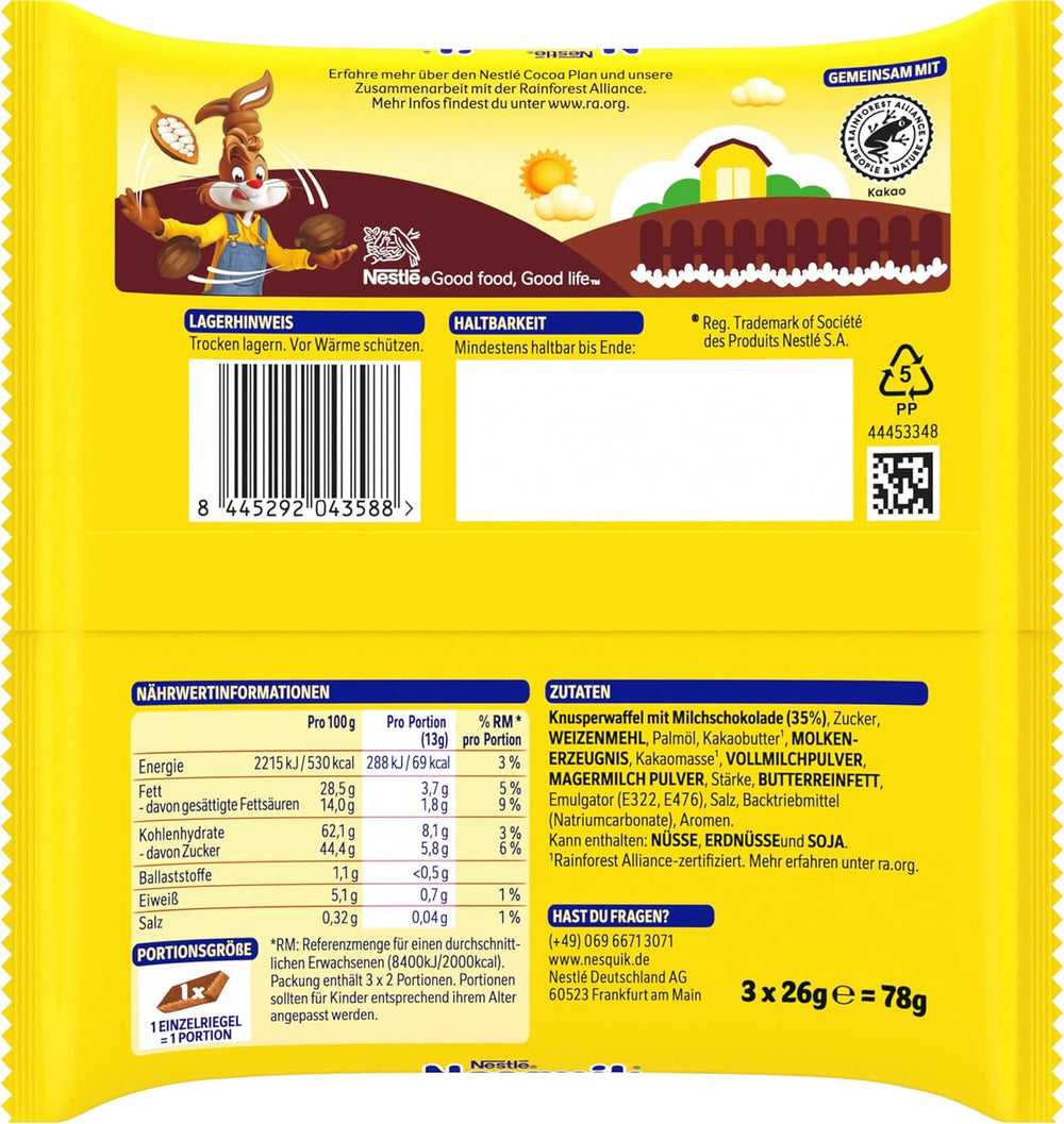 Nestlé Crunchy Waffle Delicious Milchschokoladen-Waffelriegel, Multipack, 1 Packung (je 3 x 26 g)