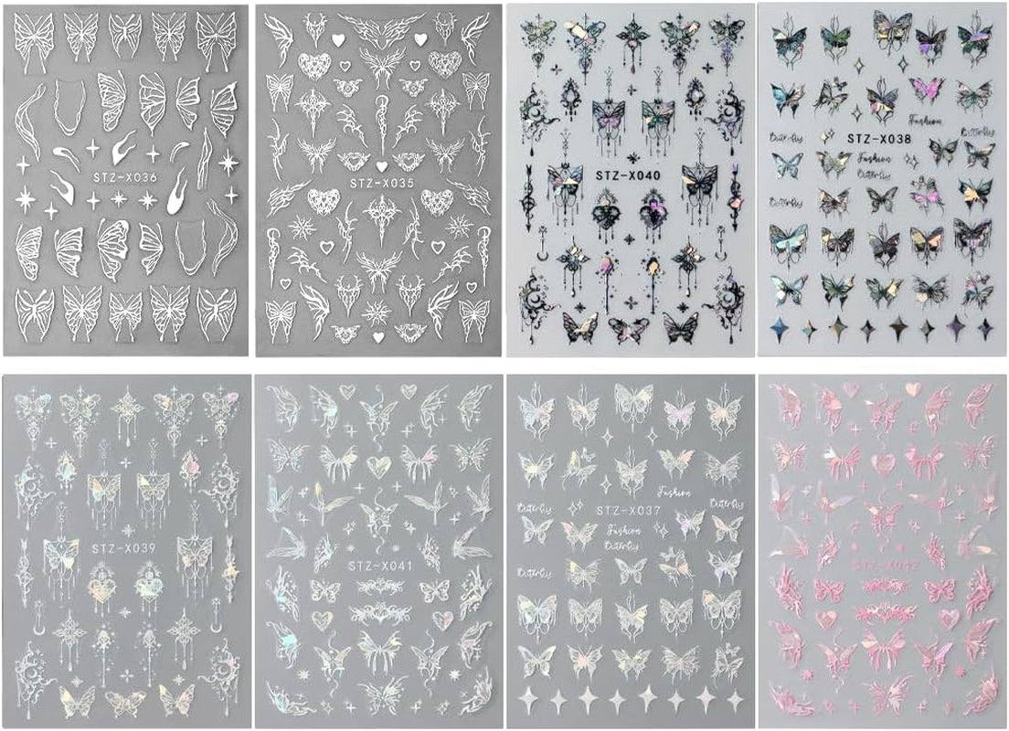 3D Metallic Schwarz Schmetterling Nagelsticker - Laser Pink Aurora Nagelaufkleber - Punk Butterfly Nail Art Stickers - Silver Nail Sticker - Nageldesign Zubehör