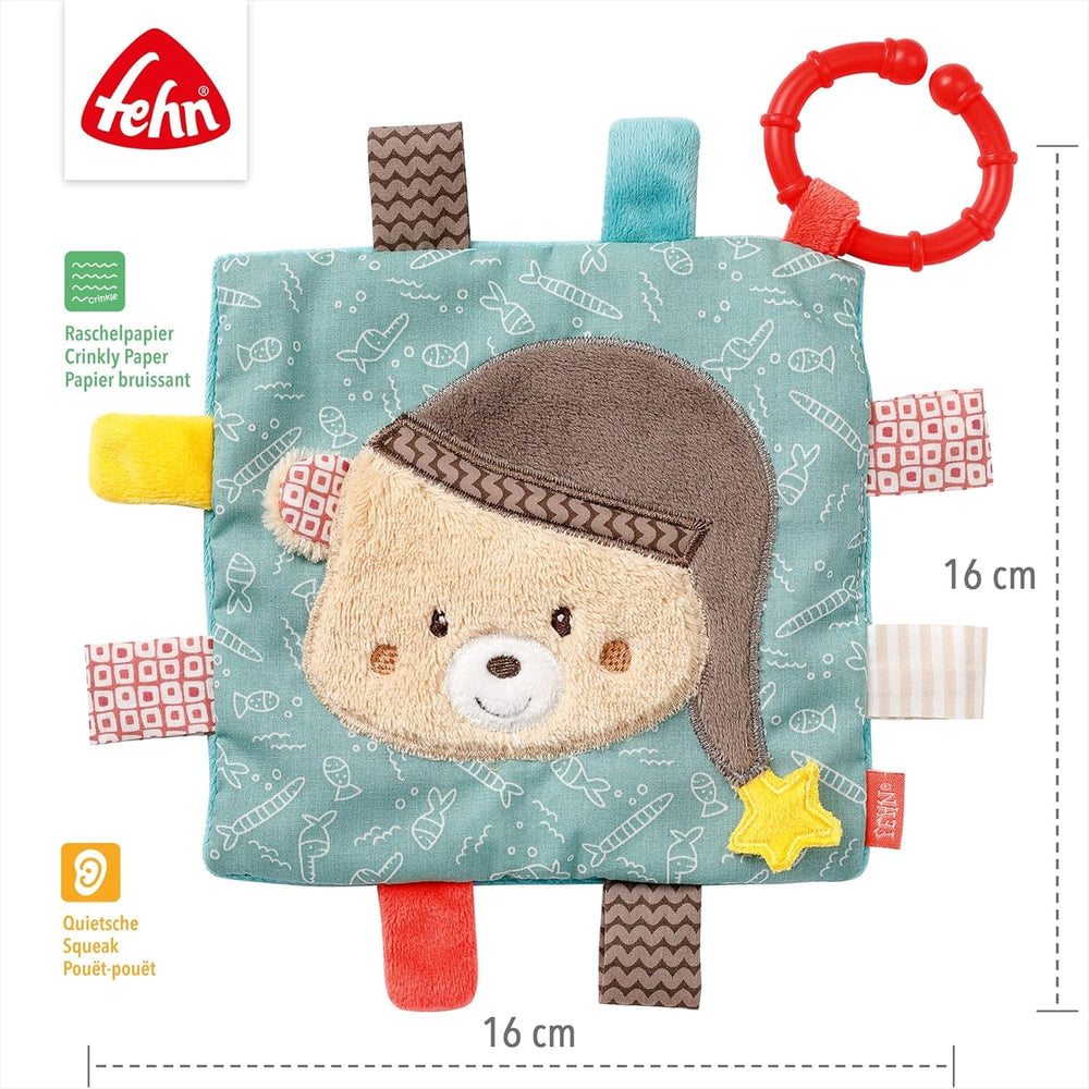 Fehn Bruno pânză de ruginit - jucărie cu scârțâitor și file de țesătură - jucărie de ruginit pentru animale de ruginit - jucărie pentru copii cu inel de fixare practic - pânză de ruginit pentru bebeluși și copii mici de la 0+ luni Jucarii Bebe Naty Shop