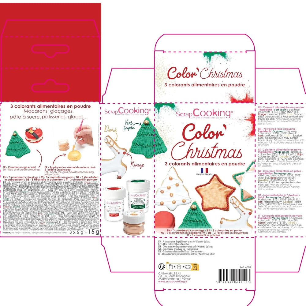 Scrapcooking - Set de 3 coloranți alimentari pudră de Crăciun - Roșu, Verde, Auriu - Colorant alimentar comestibil pentru copt, prăjituri, fursecuri, produse de patiserie, aluat, fondant - Decorațiuni de Crăciun - 4018