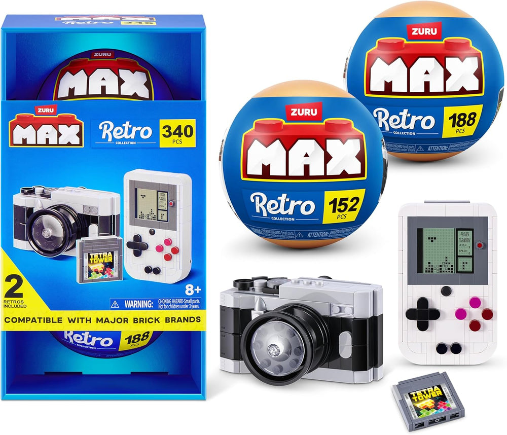 Max Build More Premium Retro Serie 2 (Camera & Handheld-Spielkonsole) von ZURU – Unboxing-Spielzeug & Klemmbausteine ​​​​Sammelfiguren Minis mit bis zu 340Teilen, 4 Retro Designs zum Bauen & Ausstellen