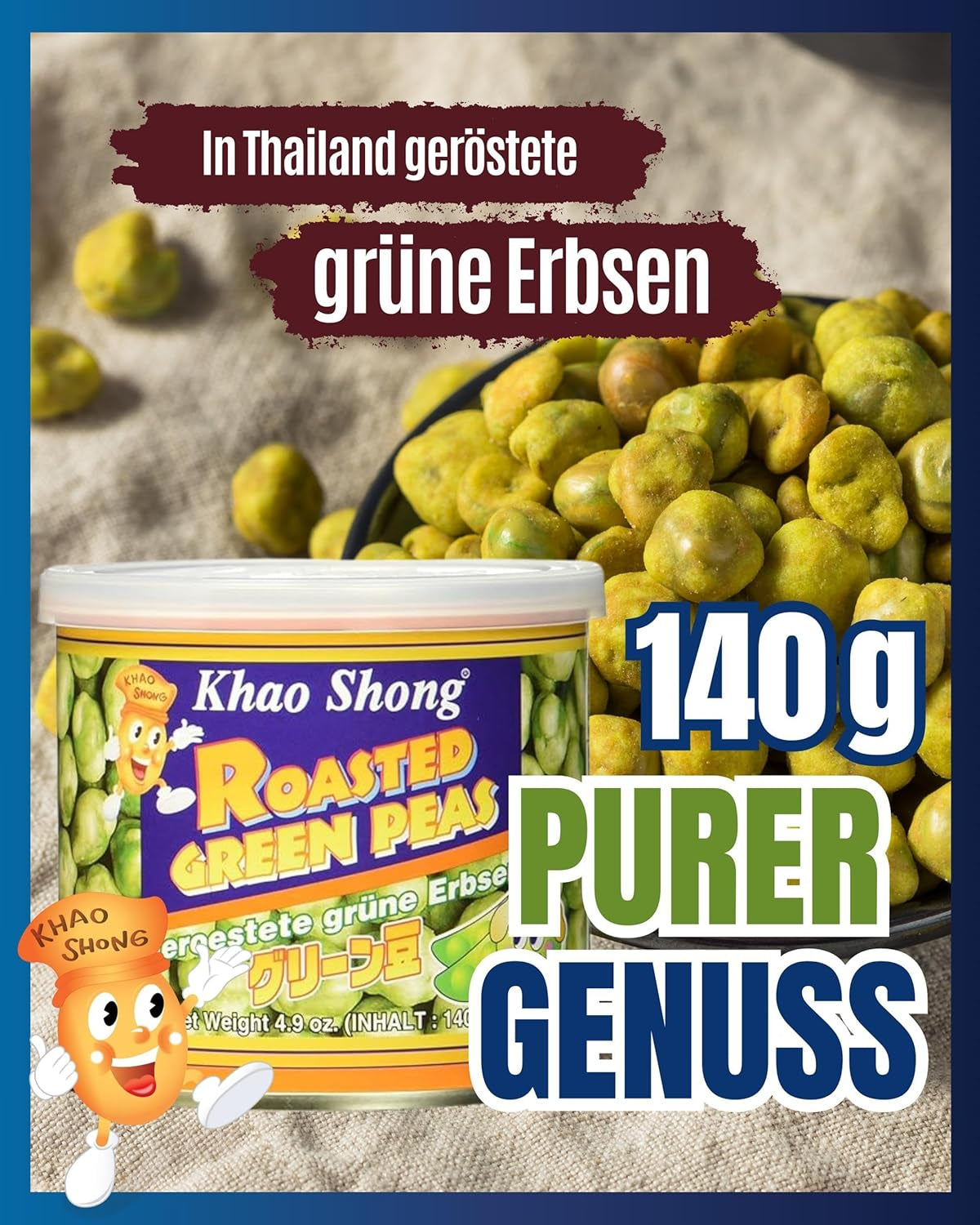 Khao Shong Gebratene grüne Erbsen mit Wasabi, knusprige Erbsen in würzigem Teig, eine fettarme Alternative zu Nüssen, mittelscharf, 1 140-g-Dose | 140 g (1 Packung)
