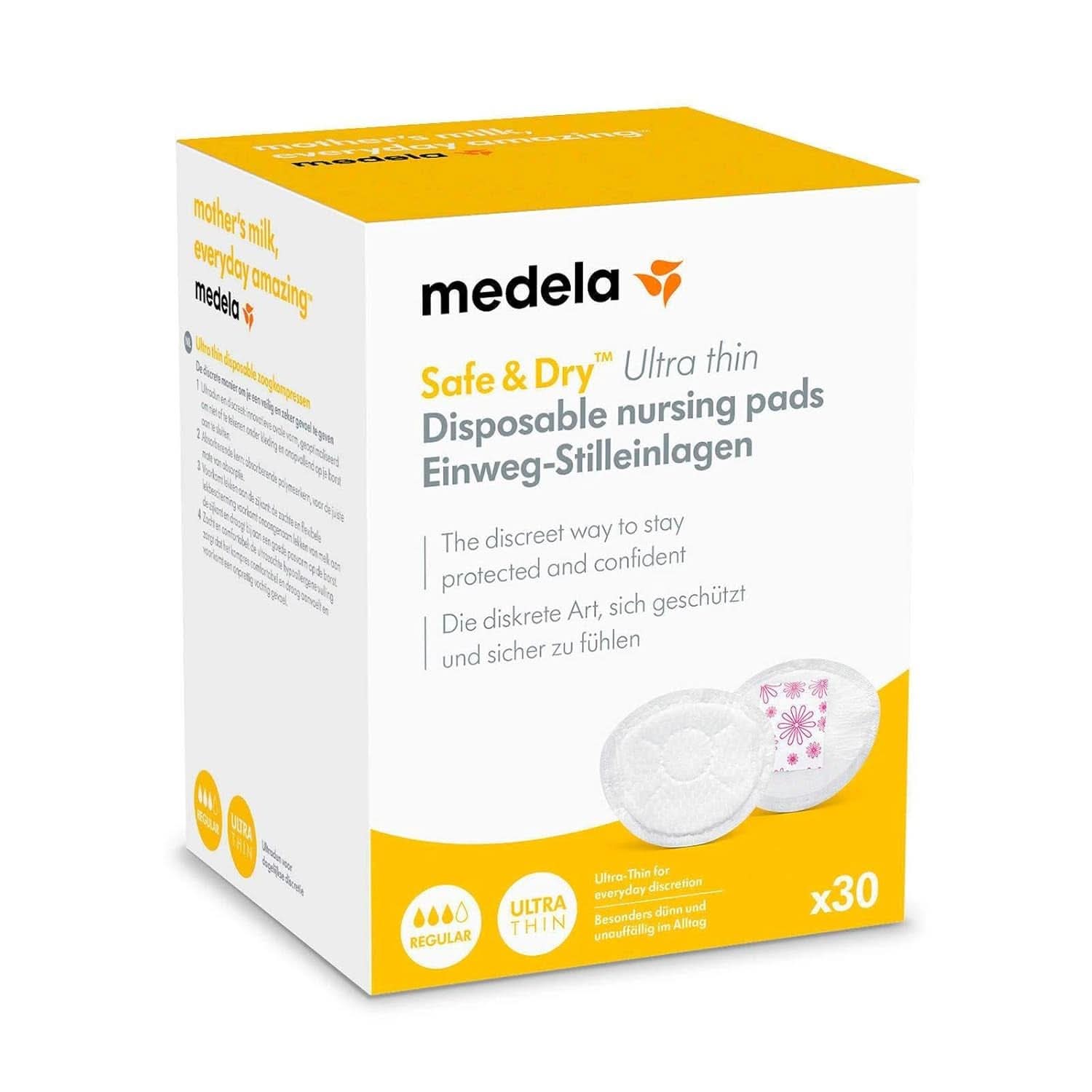 MEDELA Safe & Dry Einweg-Stilleinlagen, Ultradünn, Einzeln Verpackt, 30 Stück Zubehör Lebensmittel und Stillen Bebe Naty Shop