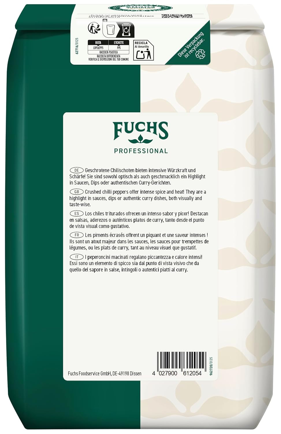 Fuchs Professional - Chilis geschoten | Verleiht Chili con Carne die richtige Schärfe | Profi-Qualität für Großverbraucher | 0,7 kg im recycelbaren Beutel