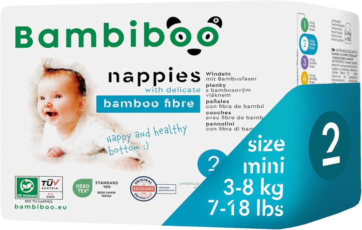 Bambiboo Mini-Einwegwindeln, hautfreundlich, mit weicher Bambusfaser-Nabelöffnung – Windeln für Neugeborene – Einwegwindeln für Neugeborene – Hautschutz – Größe 2, 25 Stk